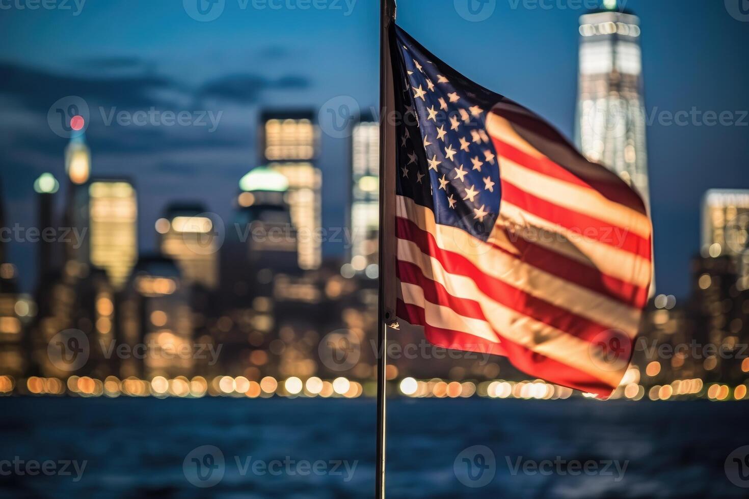 A close - up shot of an American flag gently waving in the foreground, with the iconic New York City skyline illuminated in the background. Generative AI photo