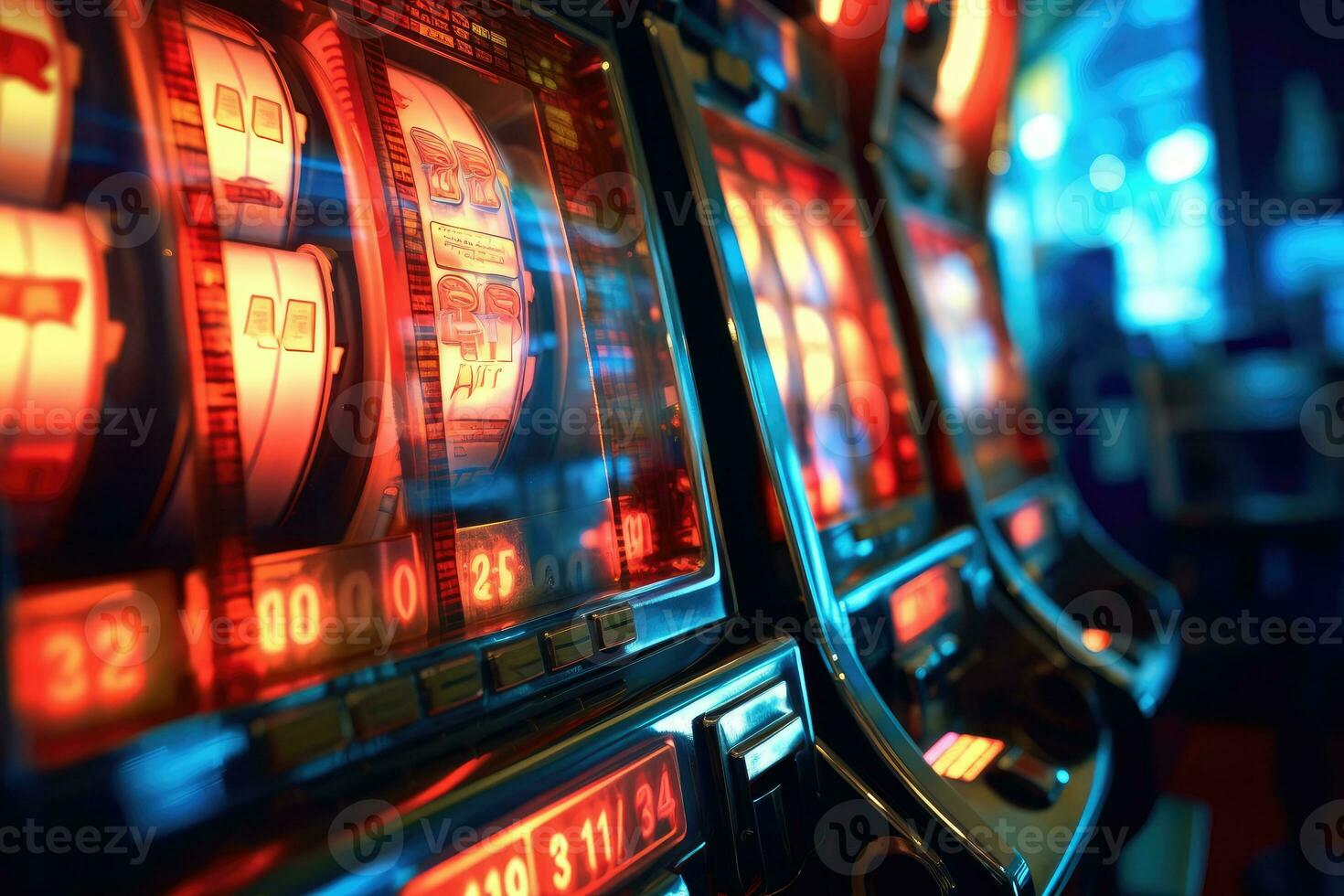 A close - up shot of a row of slot machines in a casino, showcasing their flashing lights and inviting buttons. Generative AI photo