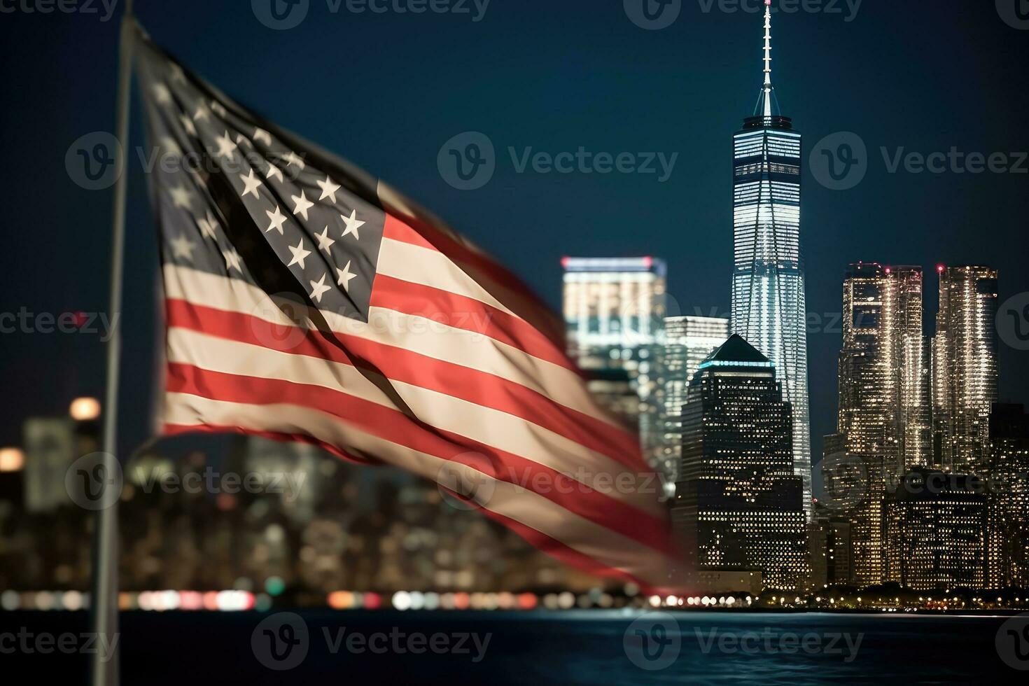 A close - up shot of an American flag gently waving in the foreground, with the iconic New York City skyline illuminated in the background. Generative AI photo