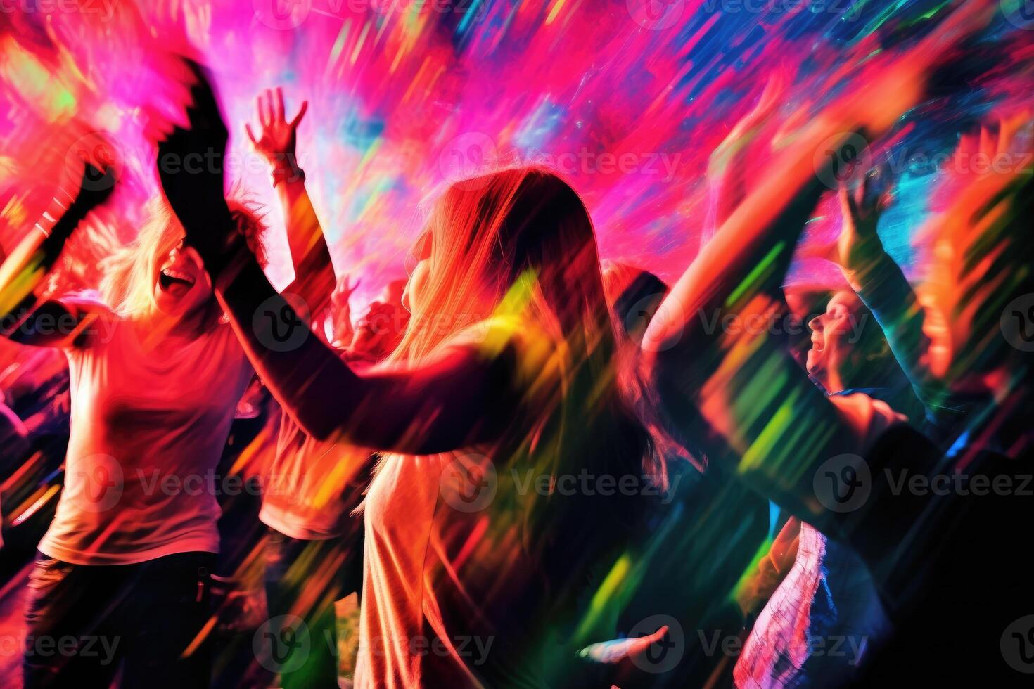 The vibrant energy of a crowded nightclub with colorful lights and pulsating music. Motion blur, highlighting the dynamic dance moves of the beautiful girls and guys. Generative AI photo