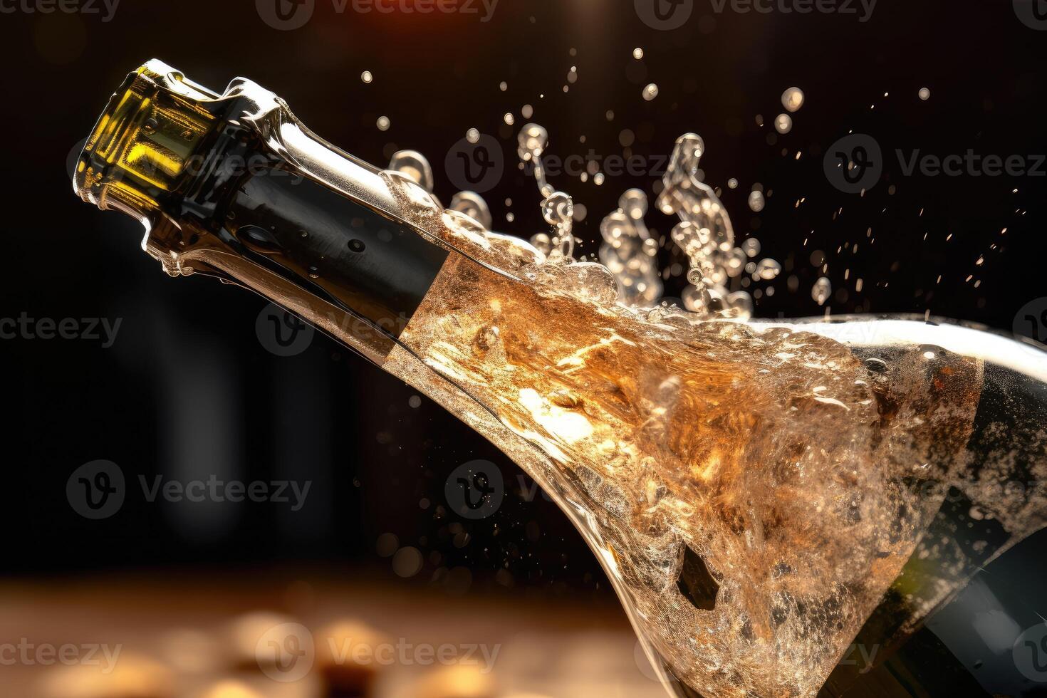 A close - up shot of a silver champagne bottle popping open, releasing sparkling bubbles into the air. photo