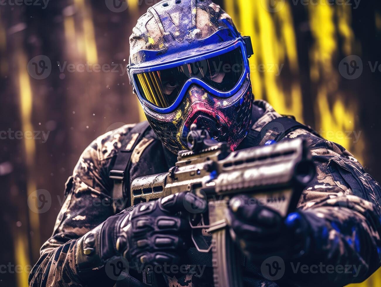 Close-up shot of a male paintball player pointing his paintball gun at the camera. photo