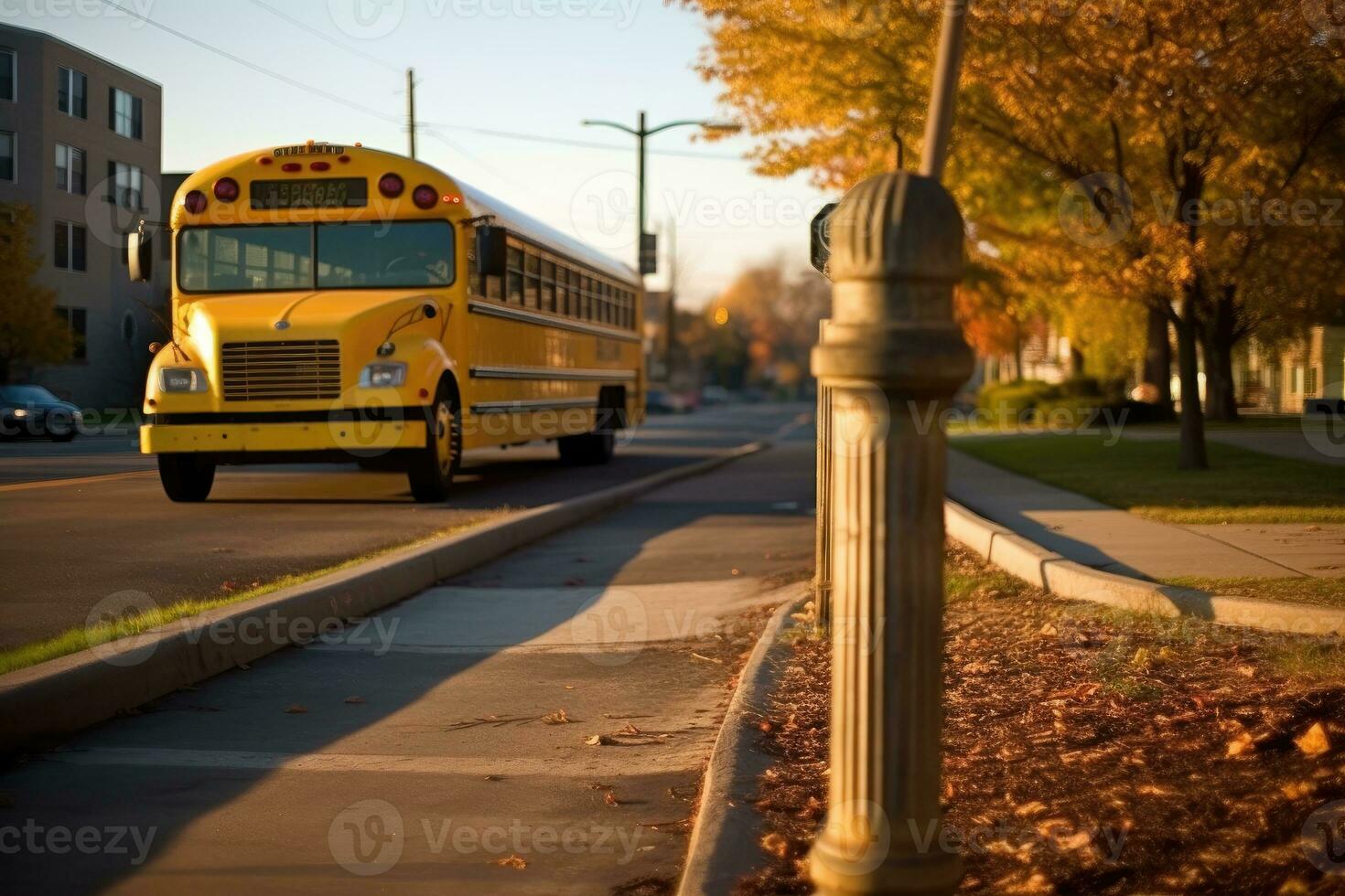 A wide - angle shot of a school bus stop sign with an empty sidewalk in the background. Generative AI photo