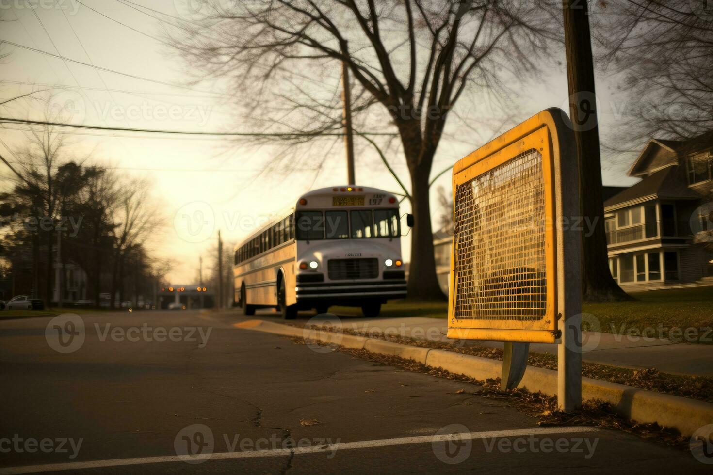 A wide - angle shot of a school bus stop sign with an empty sidewalk in the background. Generative AI photo