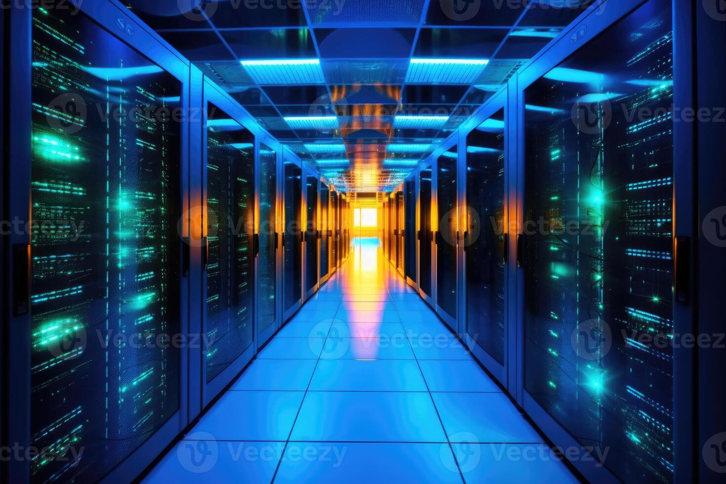 A close - up photo of a corridor in a busy data center. The image features a multitude of rack servers and supercomputers filling the frame.