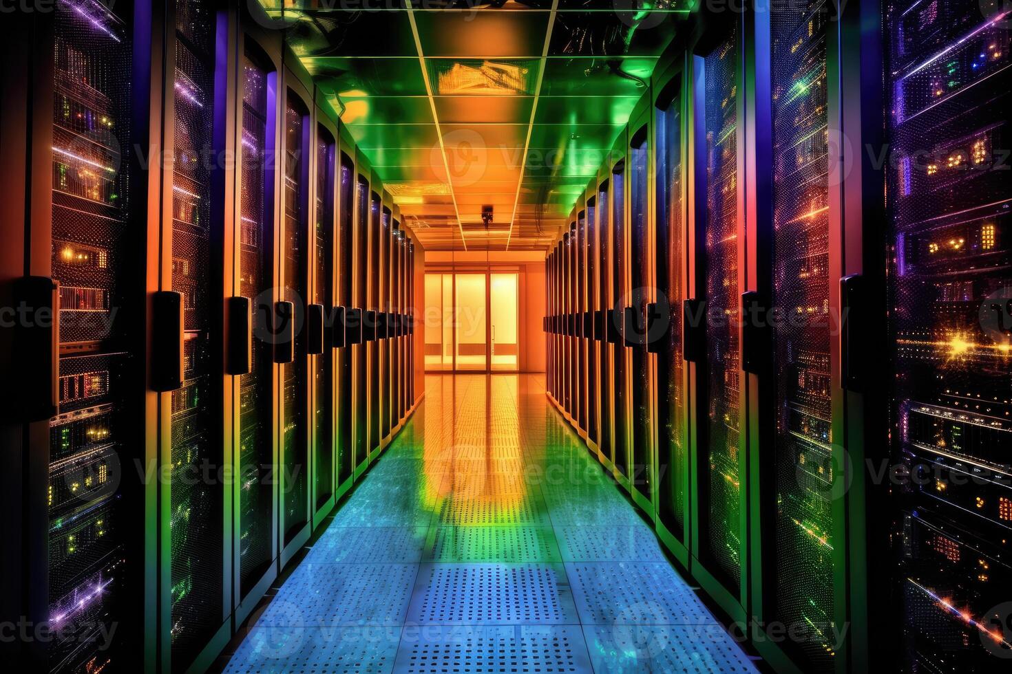 A close - up photo of a corridor in a busy data center. The image features a multitude of rack servers and supercomputers filling the frame.
