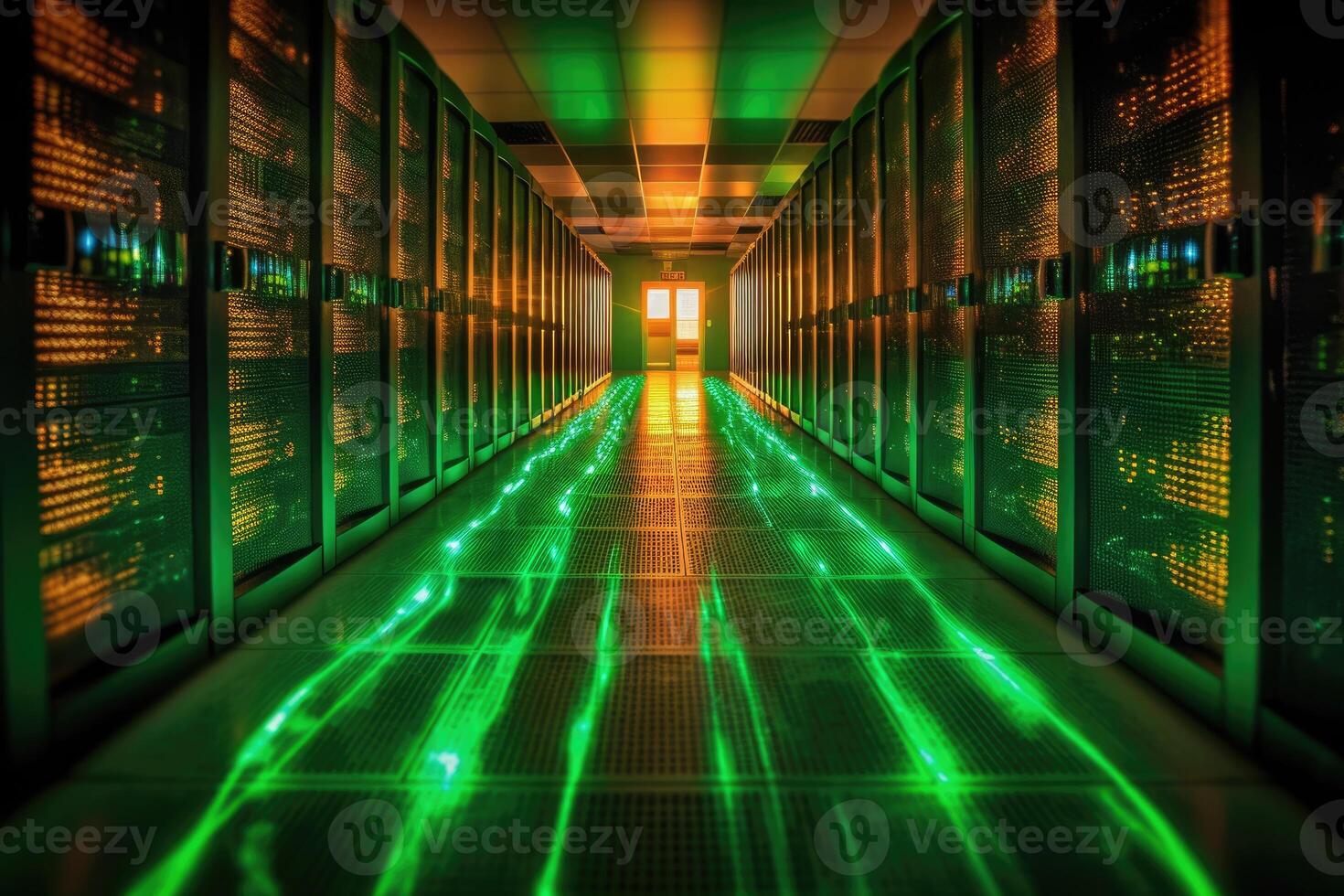 A close - up photo of a corridor in a busy data center. The image features a multitude of rack servers and supercomputers filling the frame.