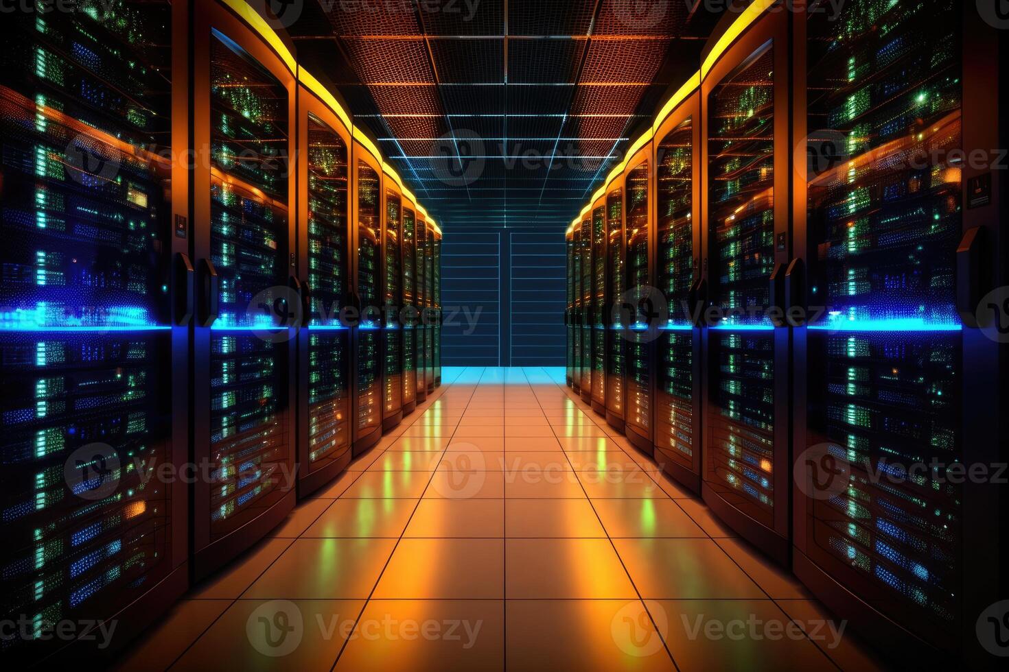 A close - up photo of a corridor in a busy data center. The image features a multitude of rack servers and supercomputers filling the frame.