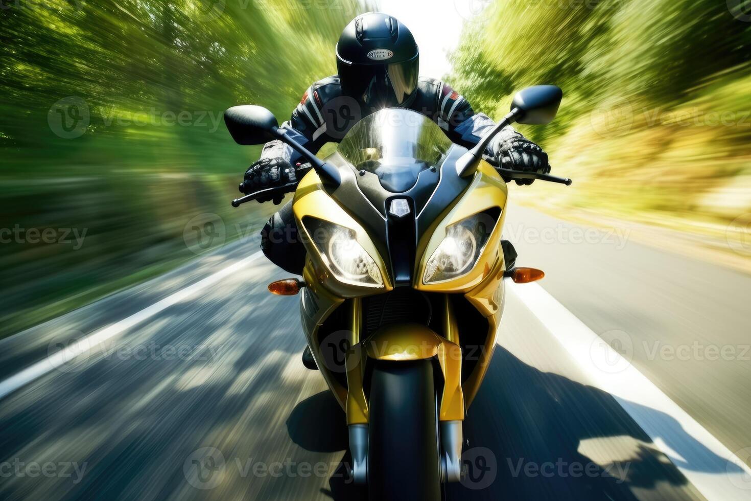 A close - up shot from a skilled motorbike rider on a winding mountain road. Generative AI photo