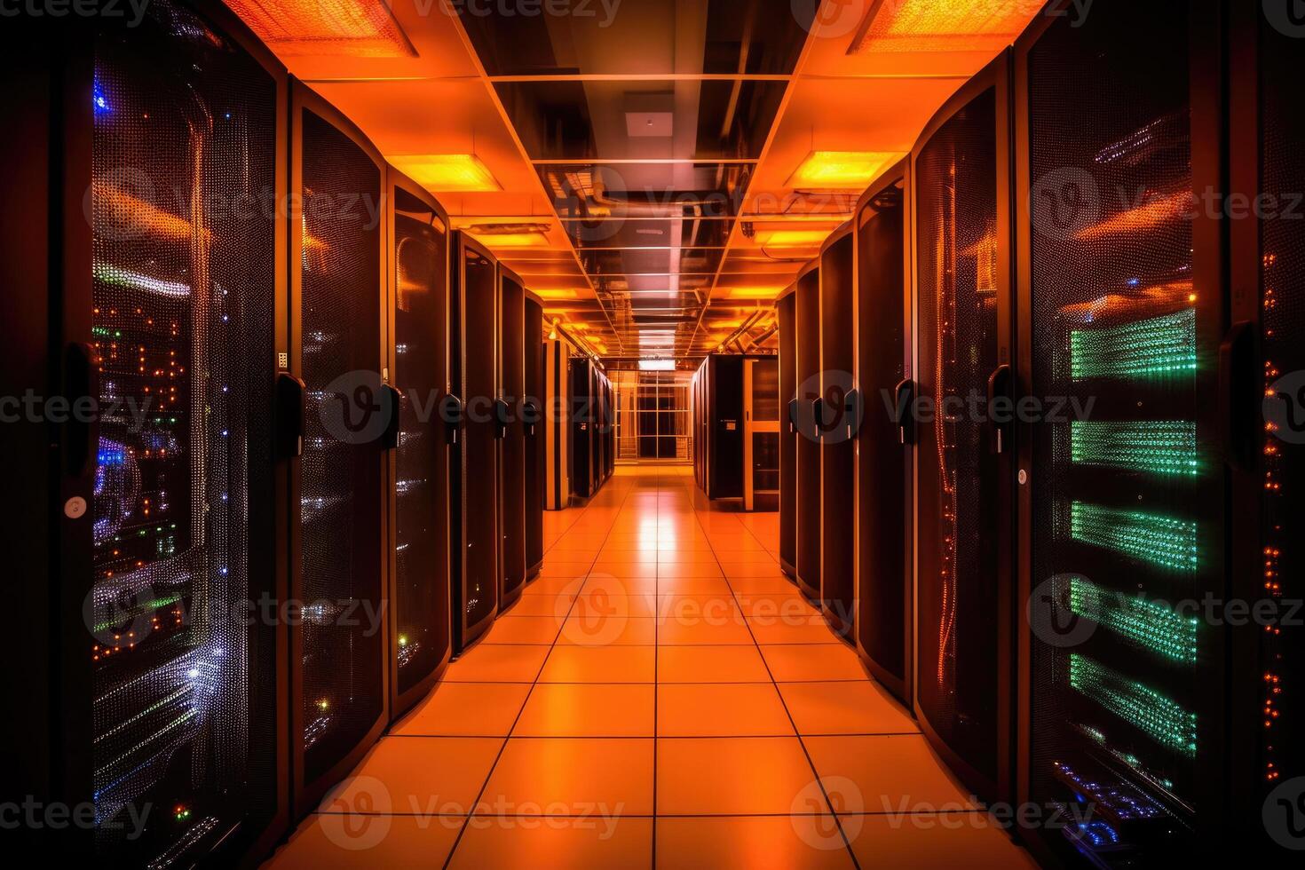 A close - up photo of a corridor in a busy data center. The image features a multitude of rack servers and supercomputers filling the frame.