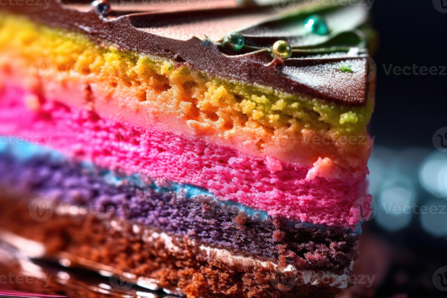 A lively and colorful extreme close - up of a slice of birthday cake. Generative AI photo