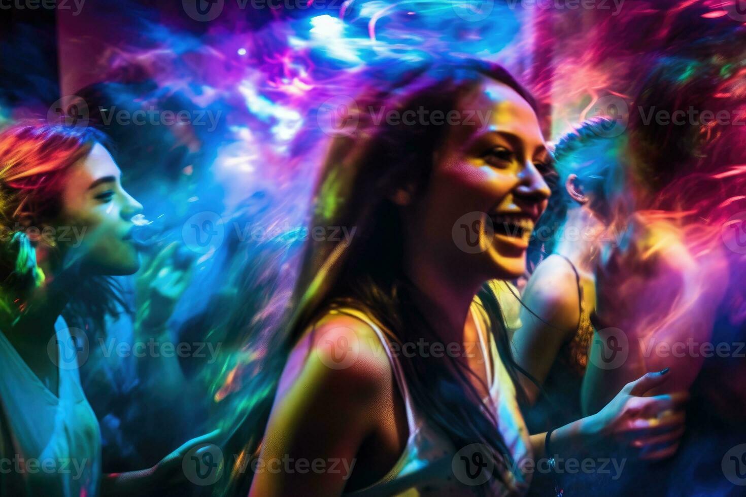 The vibrant energy of a crowded nightclub with colorful lights and pulsating music. Motion blur, highlighting the dynamic dance moves of the beautiful girls and guys. Generative AI photo