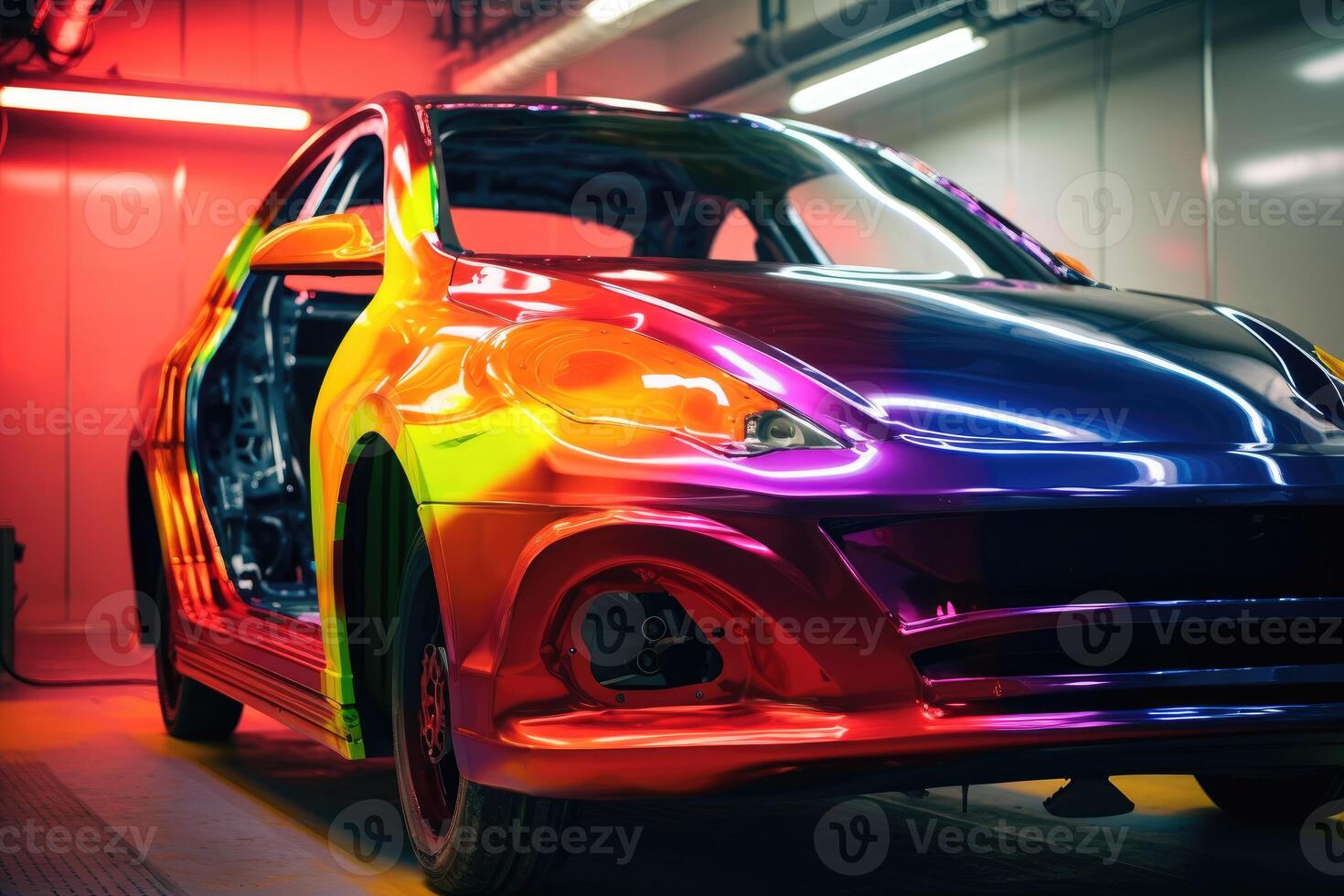 A close - up shot of a vehicle in a paint booth, as it undergoes the painting process. photo