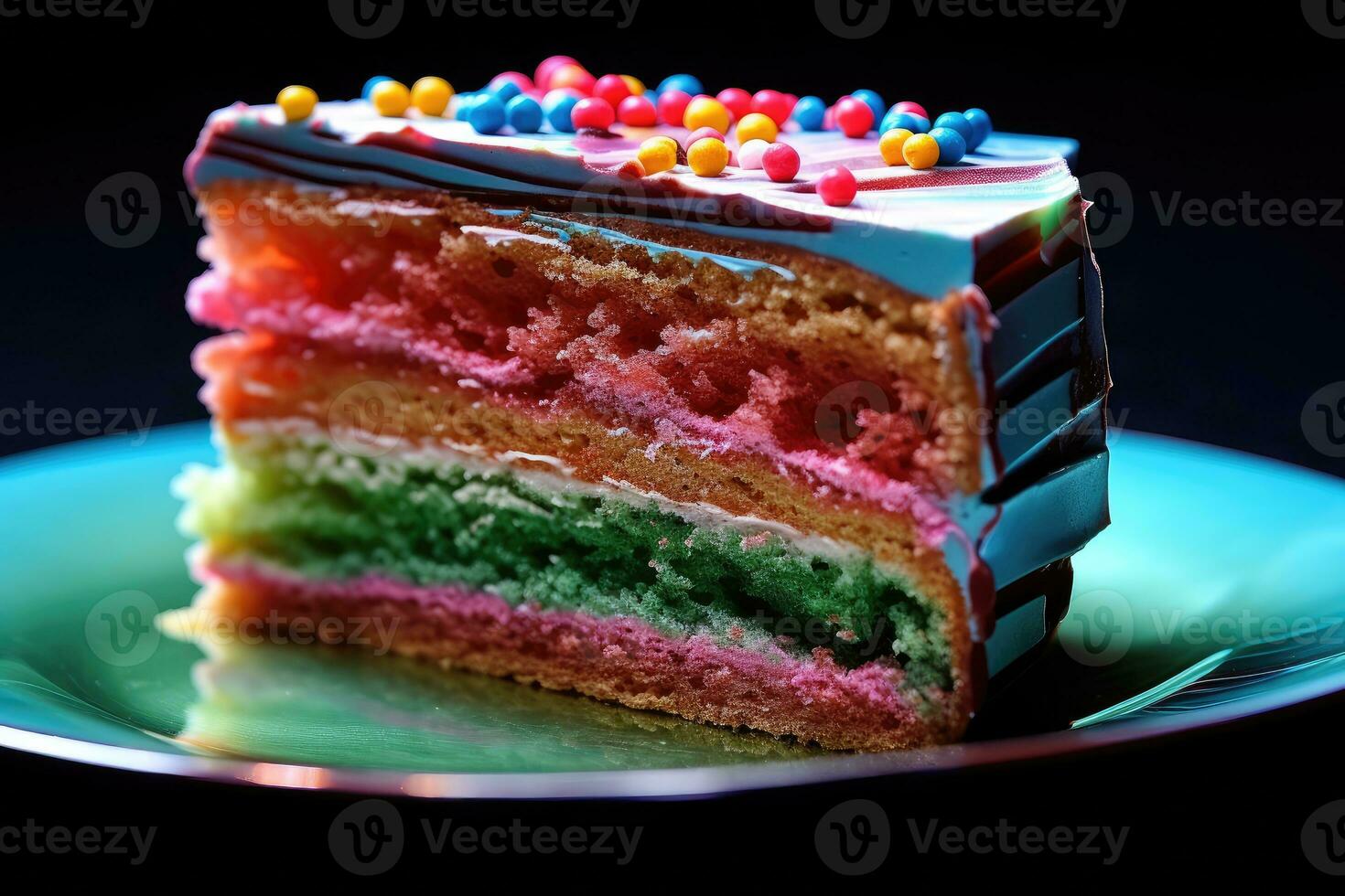 A lively and colorful extreme close - up of a slice of birthday cake. Generative AI photo