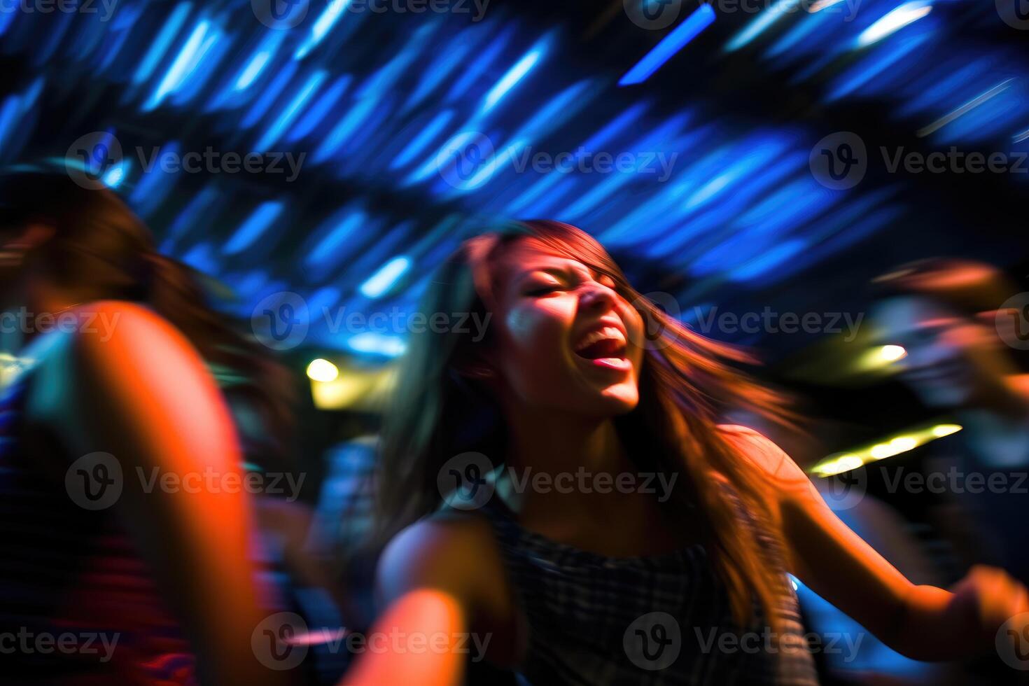 The vibrant energy of a crowded nightclub with colorful lights and pulsating music. Motion blur, highlighting the dynamic dance moves of the beautiful girls and guys. Generative AI photo