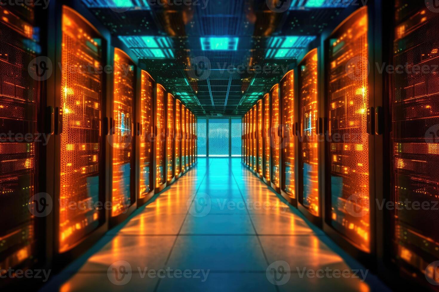 A close - up photo of a corridor in a busy data center. The image features a multitude of rack servers and supercomputers filling the frame.