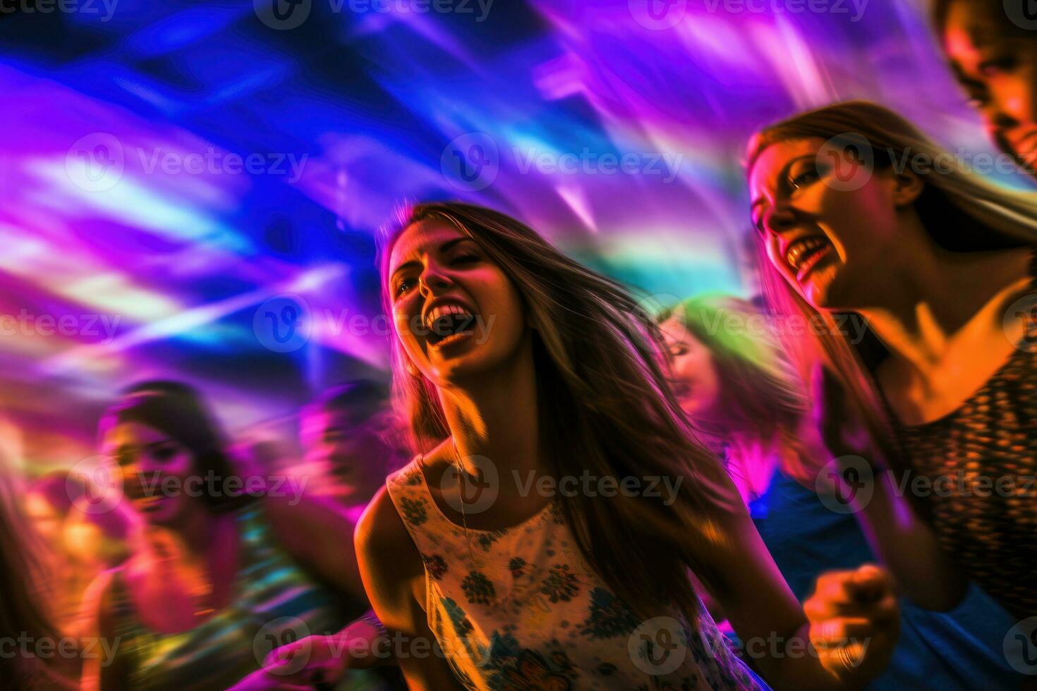 The vibrant energy of a crowded nightclub with colorful lights and pulsating music. Motion blur, highlighting the dynamic dance moves of the beautiful girls and guys. Generative AI photo