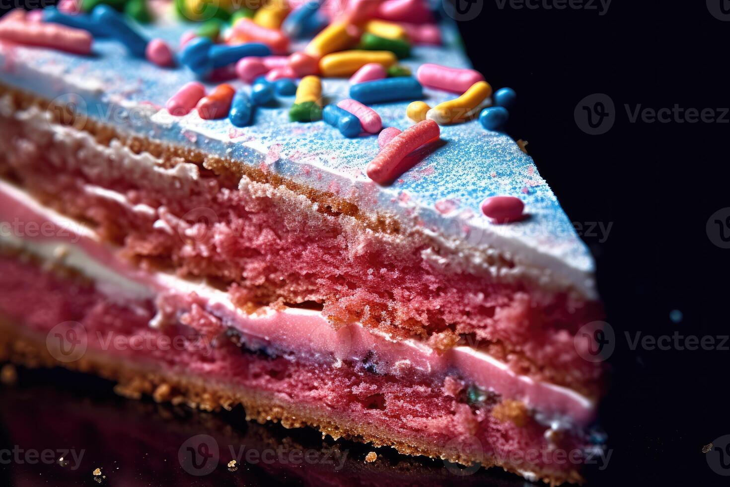 A lively and colorful extreme close - up of a slice of birthday cake. photo