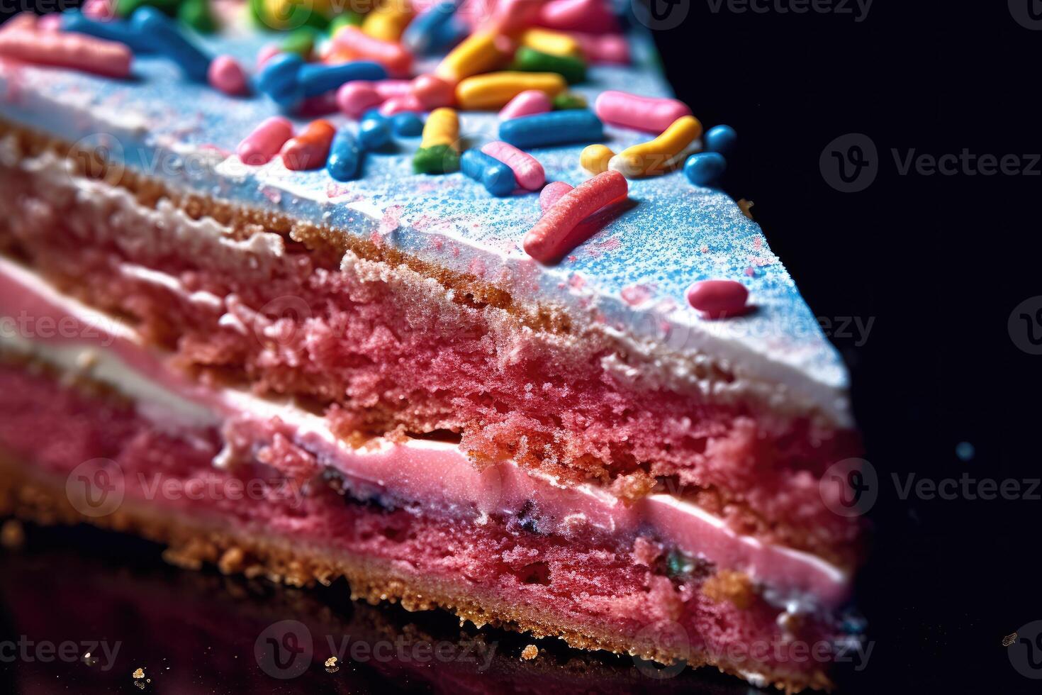 A lively and colorful extreme close - up of a slice of birthday cake. Generative AI photo