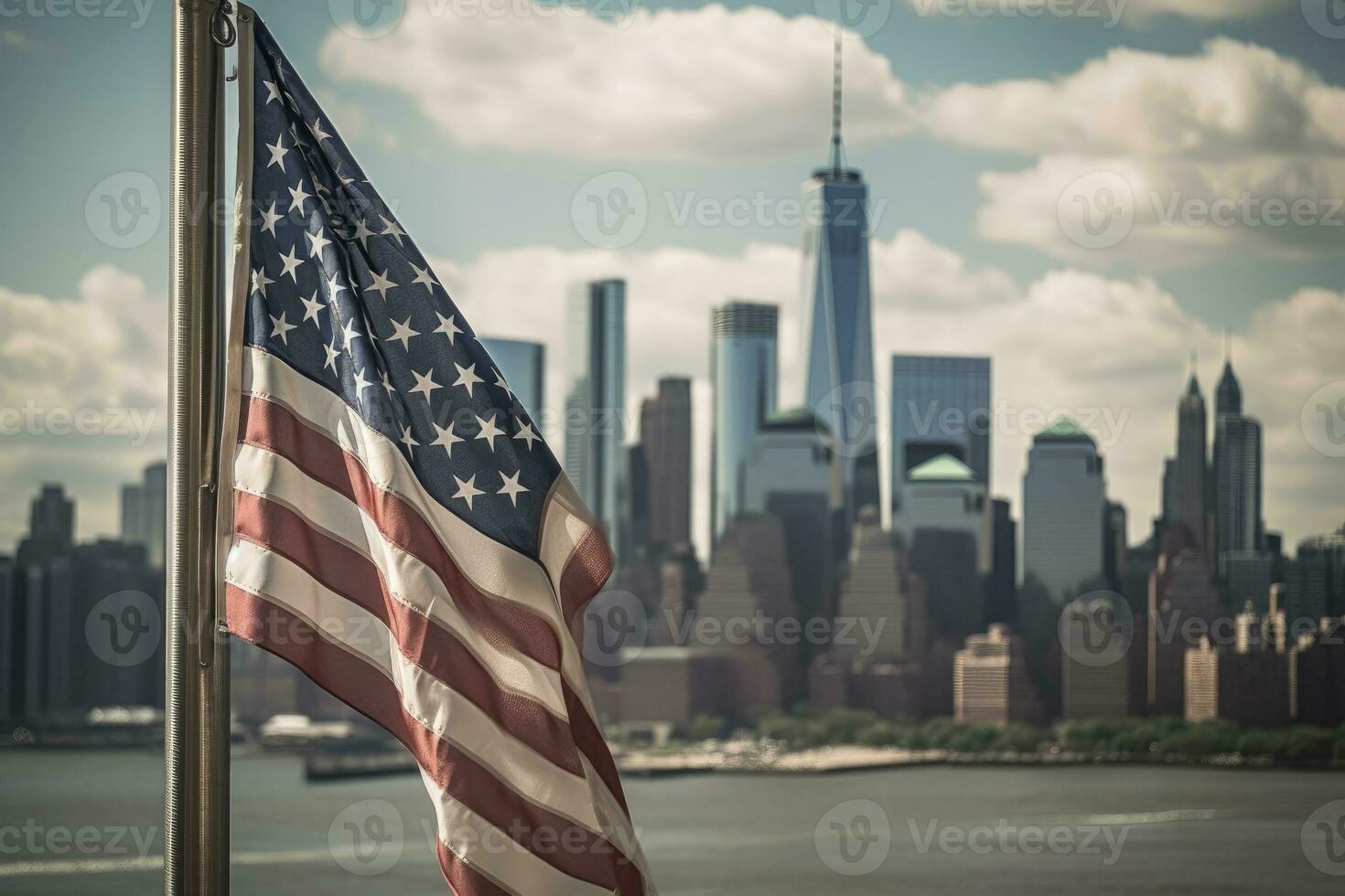 un cerca - arriba Disparo de un americano bandera suavemente ondulación en el primer plano, con el icónico nuevo York ciudad horizonte como un maravilloso fondo. generativo ai foto