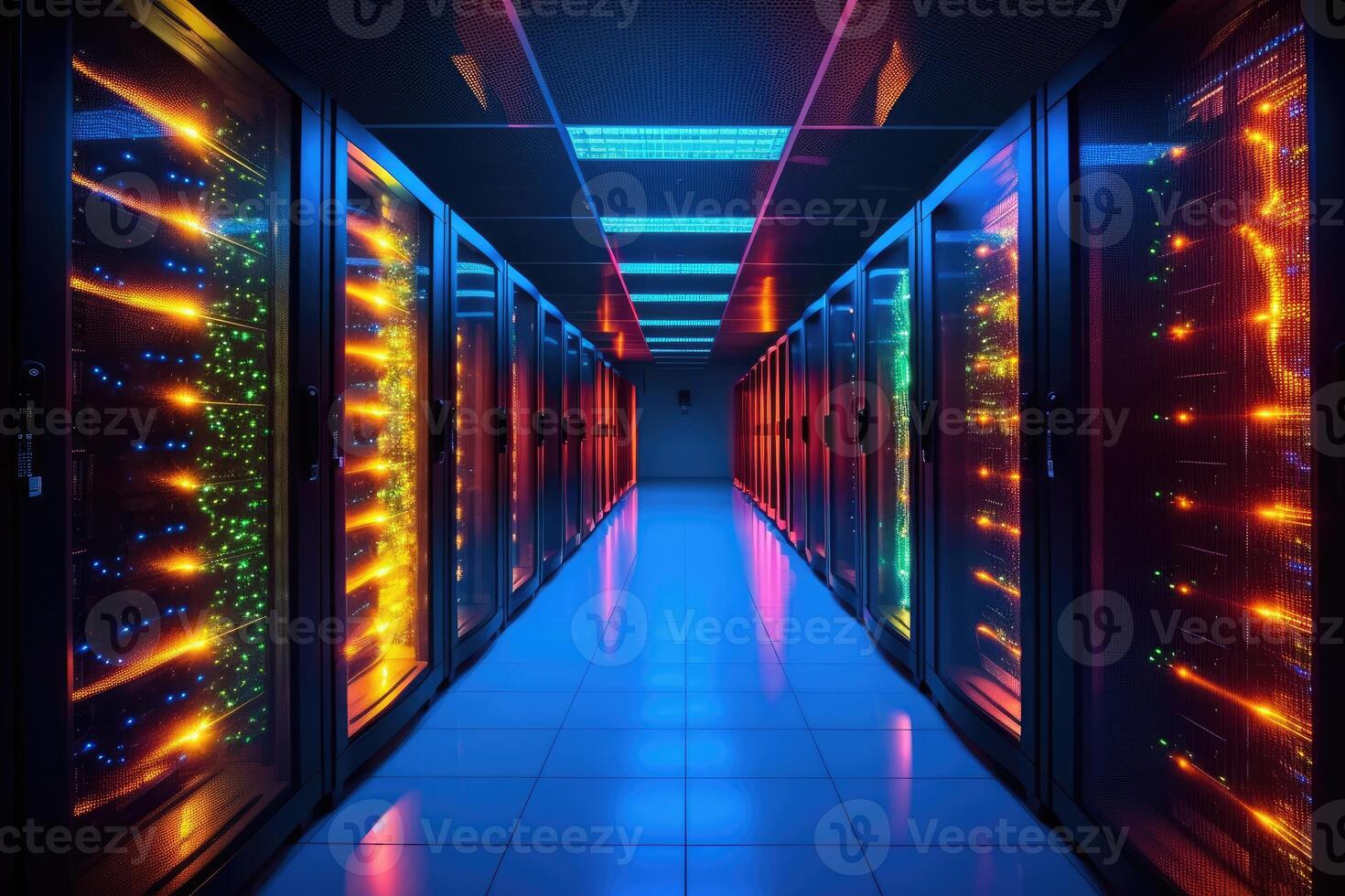 A close - up photo of a corridor in a busy data center. The image features a multitude of rack servers and supercomputers filling the frame.