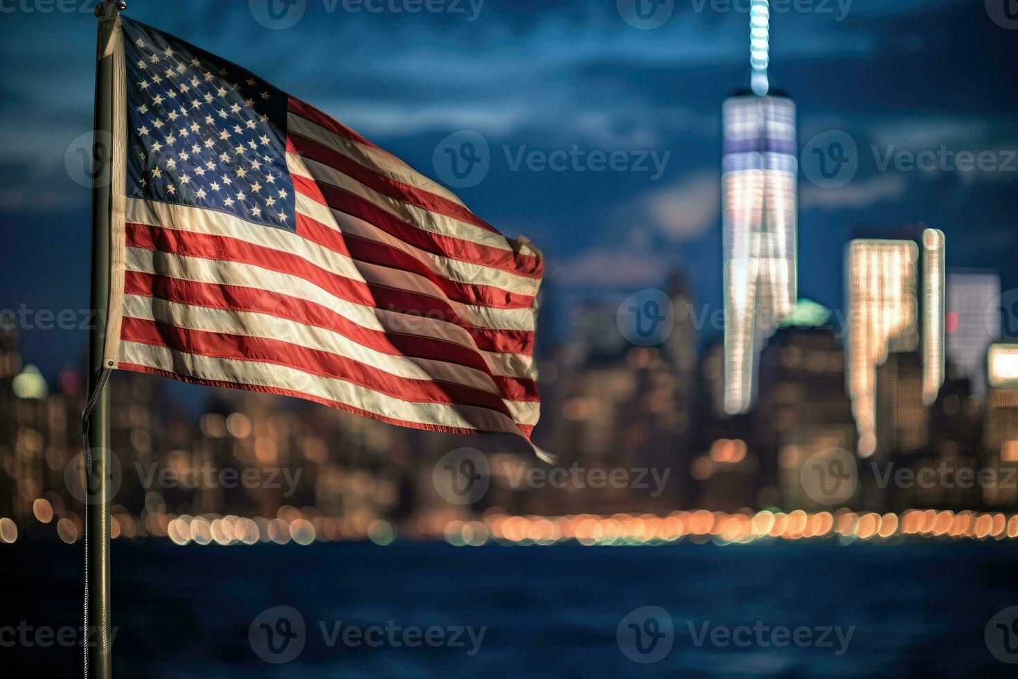 A close - up shot of an American flag gently waving in the foreground, with the iconic New York City skyline illuminated in the background. Generative AI photo