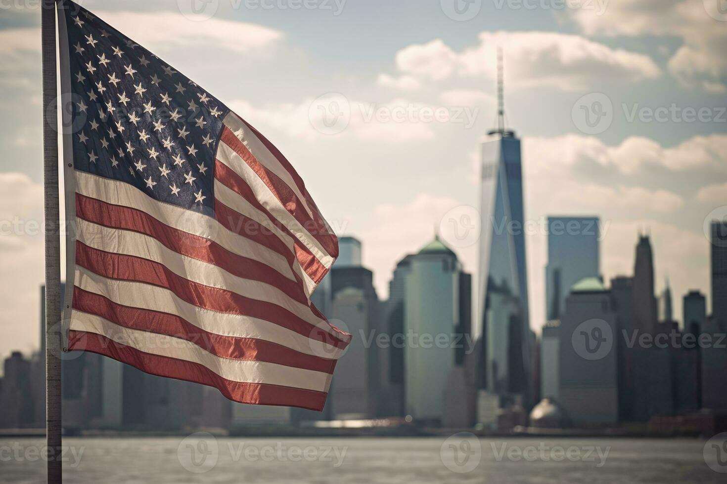 A close - up shot of an American flag gently waving in the foreground, with the iconic New York City skyline as a stunning backdrop. Generative AI photo