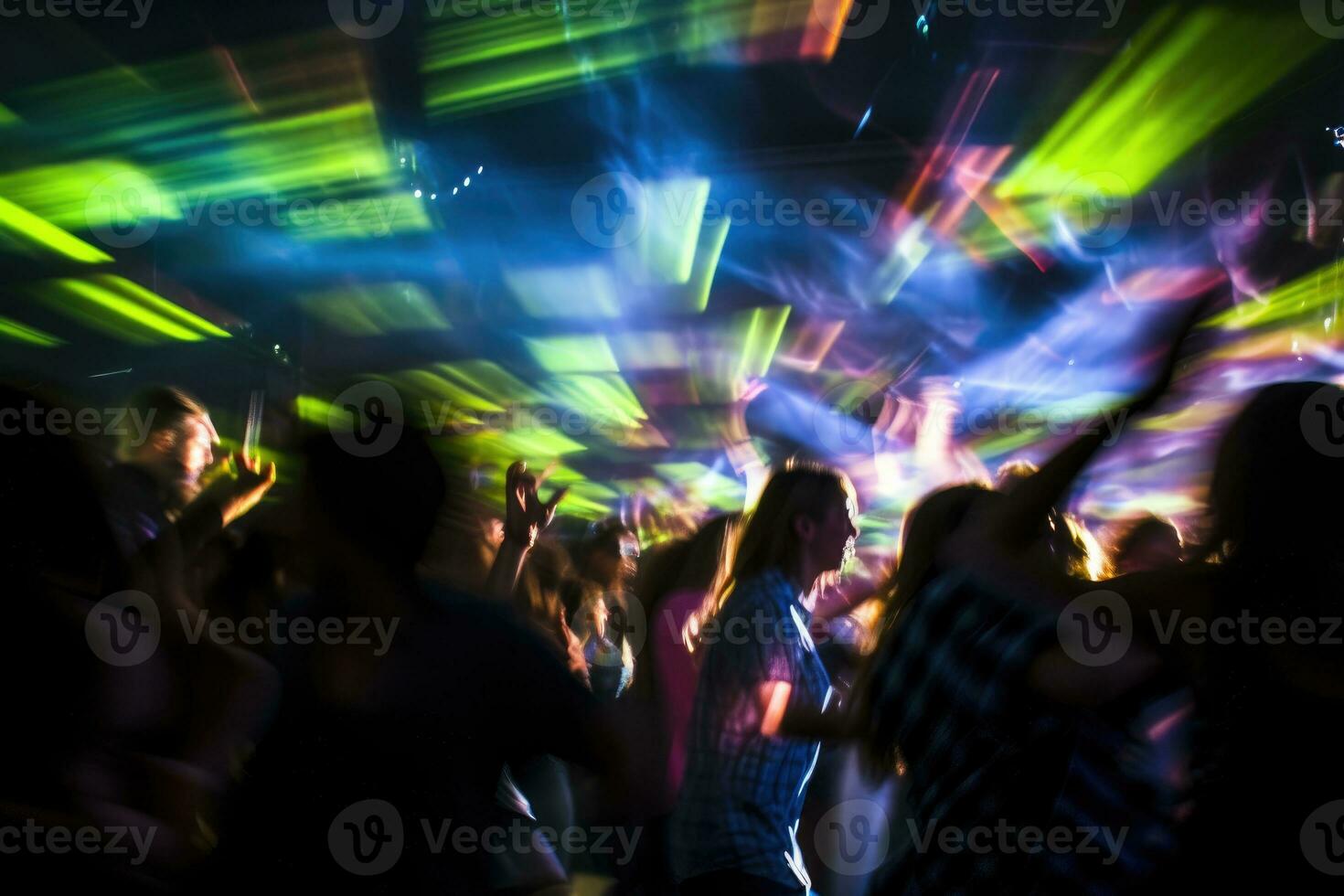 The vibrant energy of a crowded nightclub with colorful lights and pulsating music. Motion blur, highlighting the dynamic dance moves of the beautiful girls and guys. Generative AI photo
