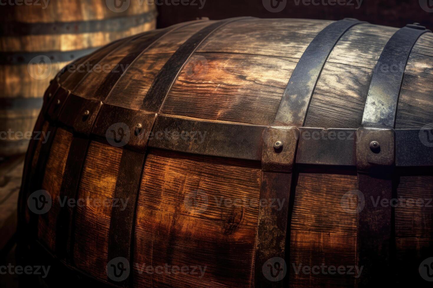 A close - up shot of an old wooden barrel in a wine vault cellar, showcasing the rich texture and aged patina of the wood. photo