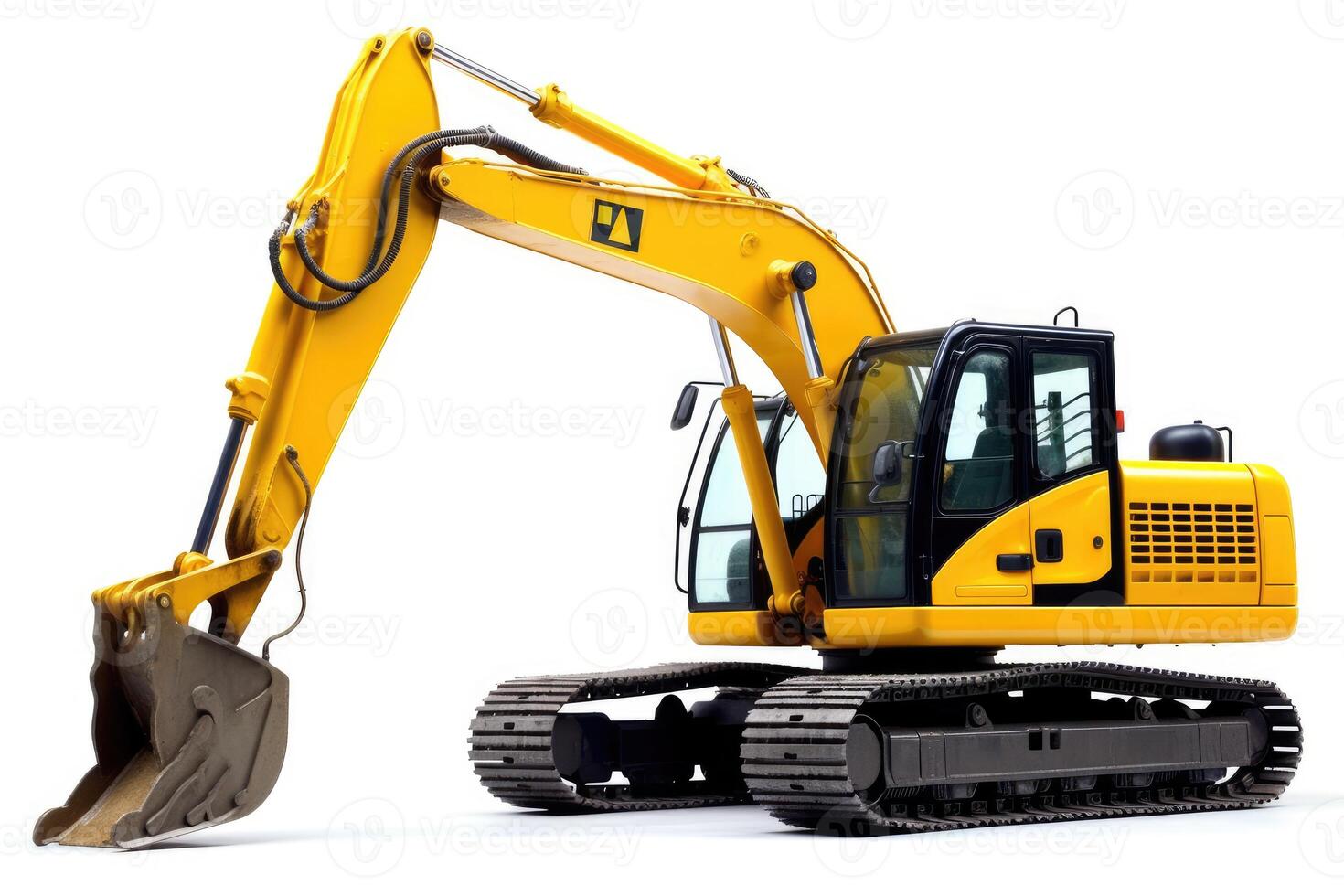 A close - up shot of a yellow excavator against isolated on a white background. photo