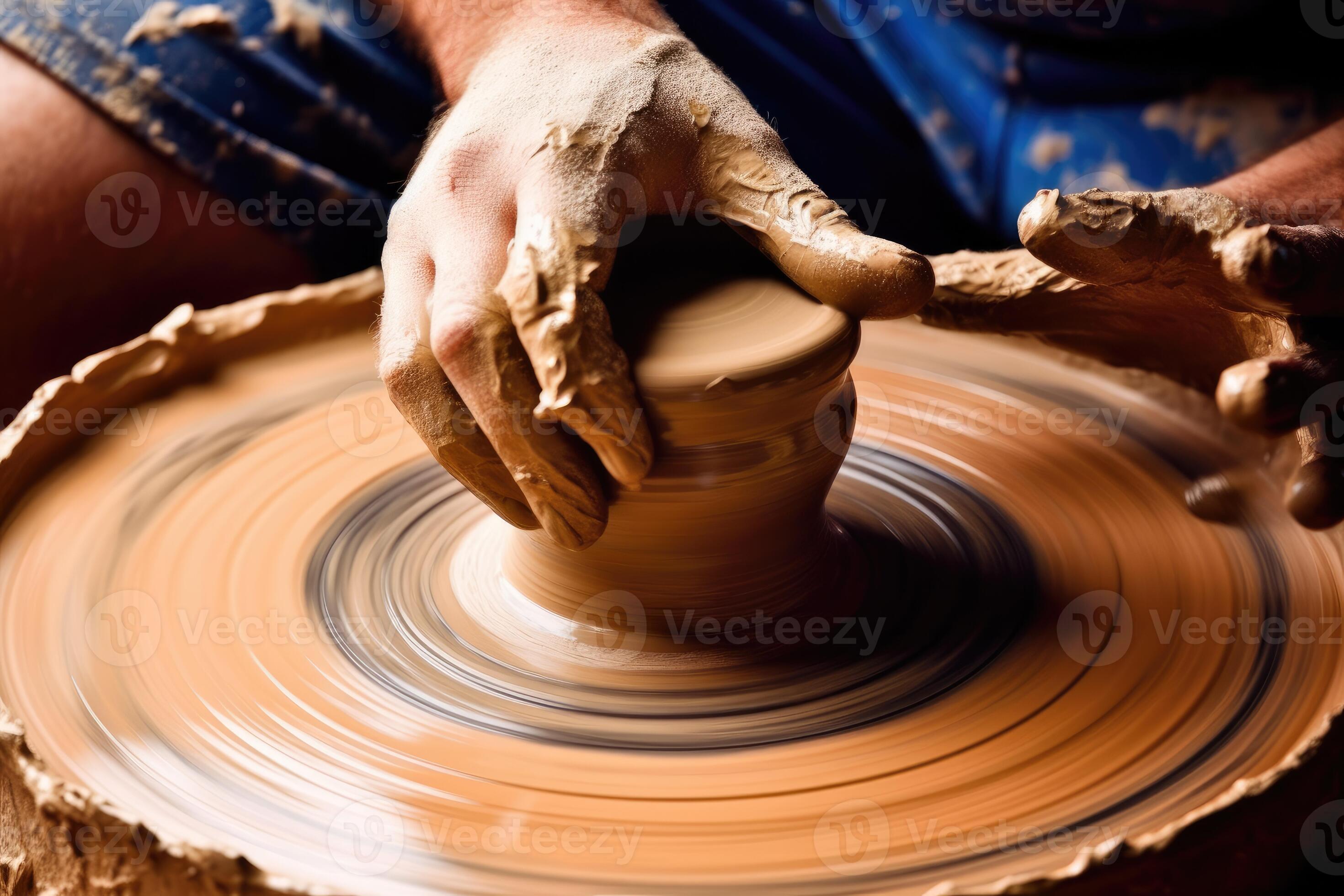 A top view photo of a potter's wheel in motion, showcasing the