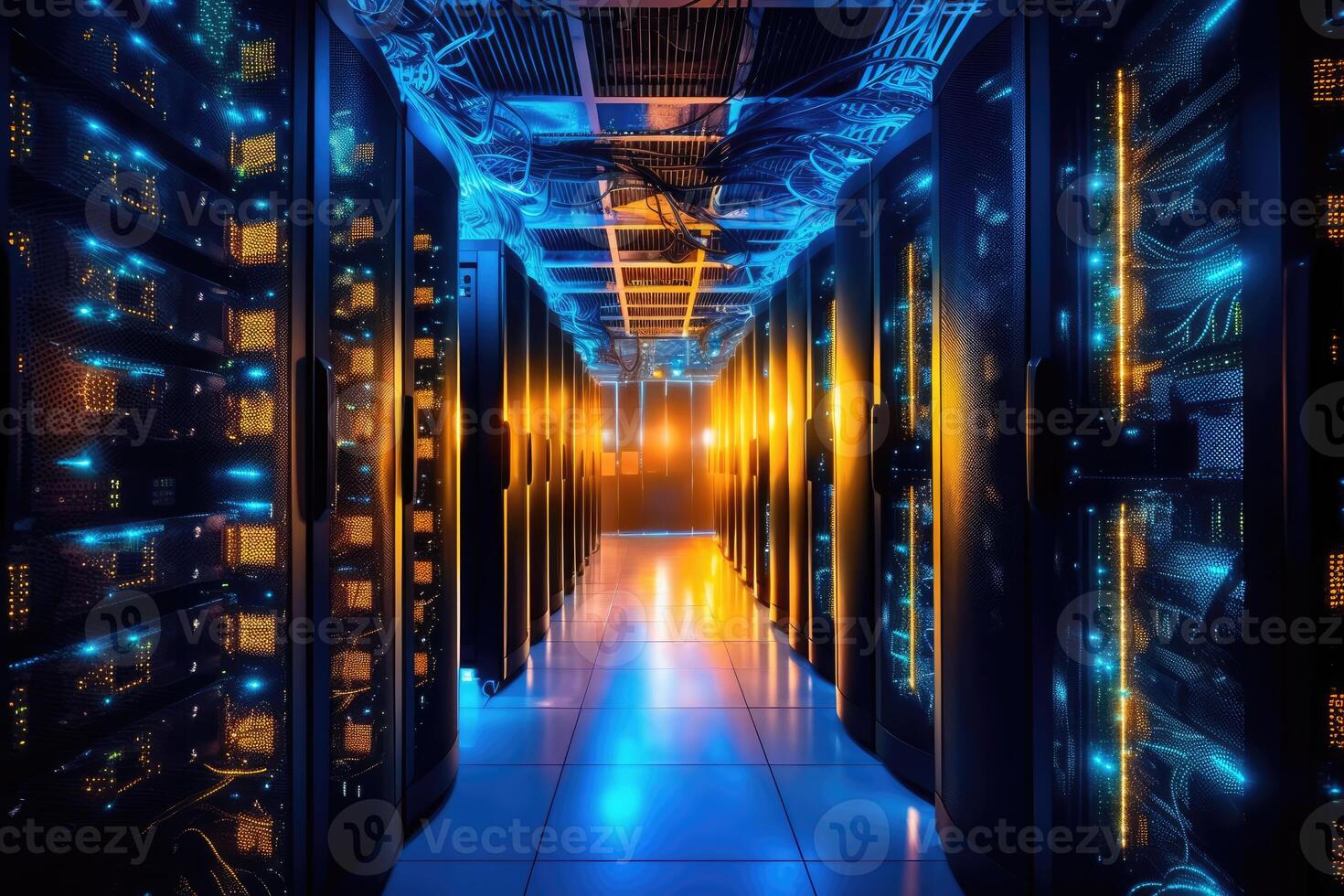A close - up photo of a corridor in a busy data center. The image features a multitude of rack servers and supercomputers filling the frame.