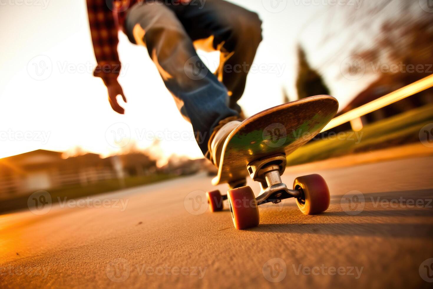 The energy and athleticism of a skateboarder in a close - up shot. photo