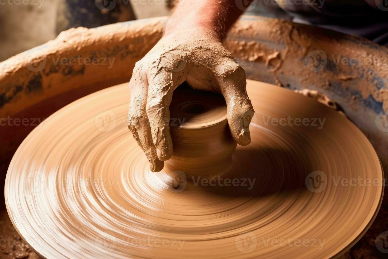 A top - view photo of a potter's wheel in motion, showcasing the spinning motion and the skilled hands of the potter. Generative AI