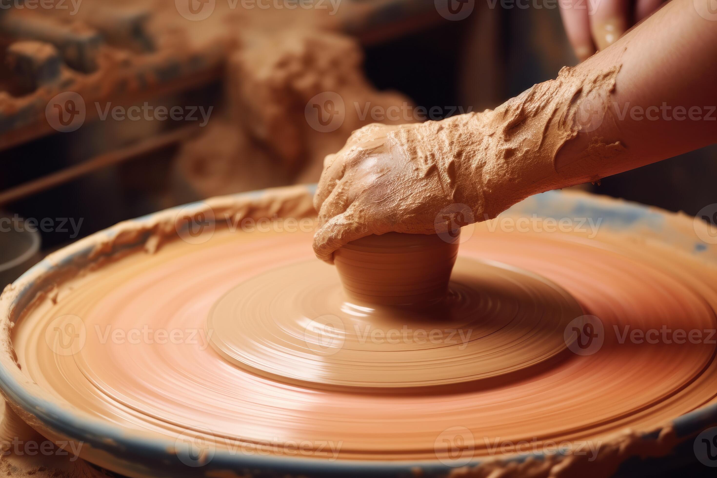 A top view photo of a potter's wheel in motion, showcasing the