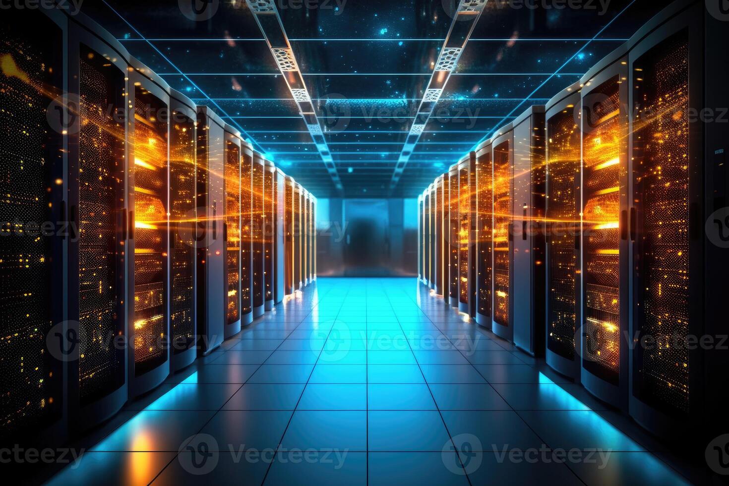 A close - up photo of a corridor in a busy data center. The image features a multitude of rack servers and supercomputers filling the frame.