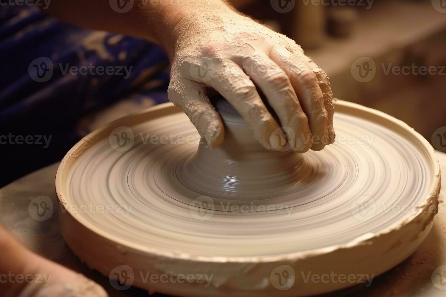 A top - view photo of a potter's wheel in motion, showcasing the spinning motion and the skilled hands of the potter. Generative AI