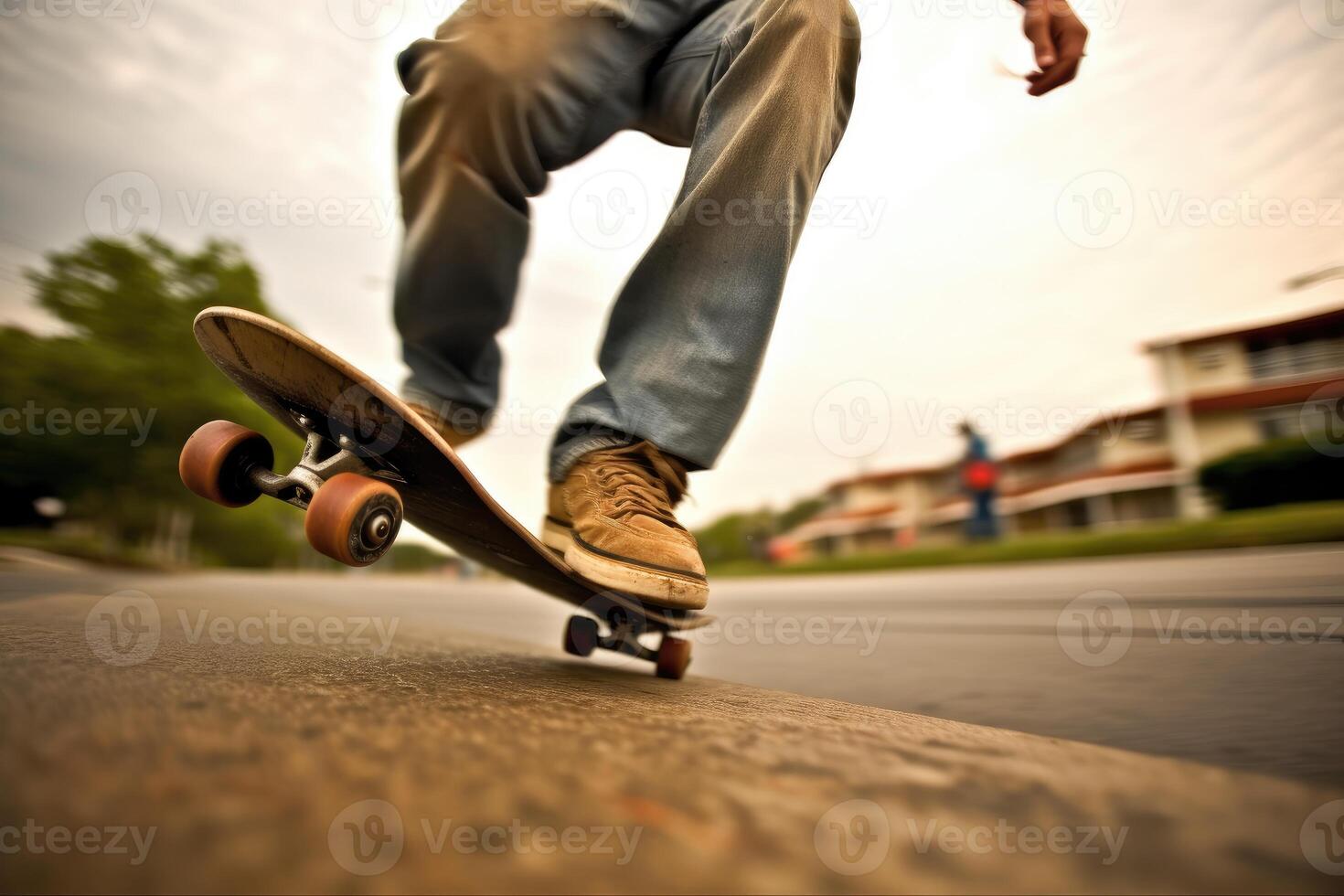 The energy and athleticism of a skateboarder in a close - up shot. photo