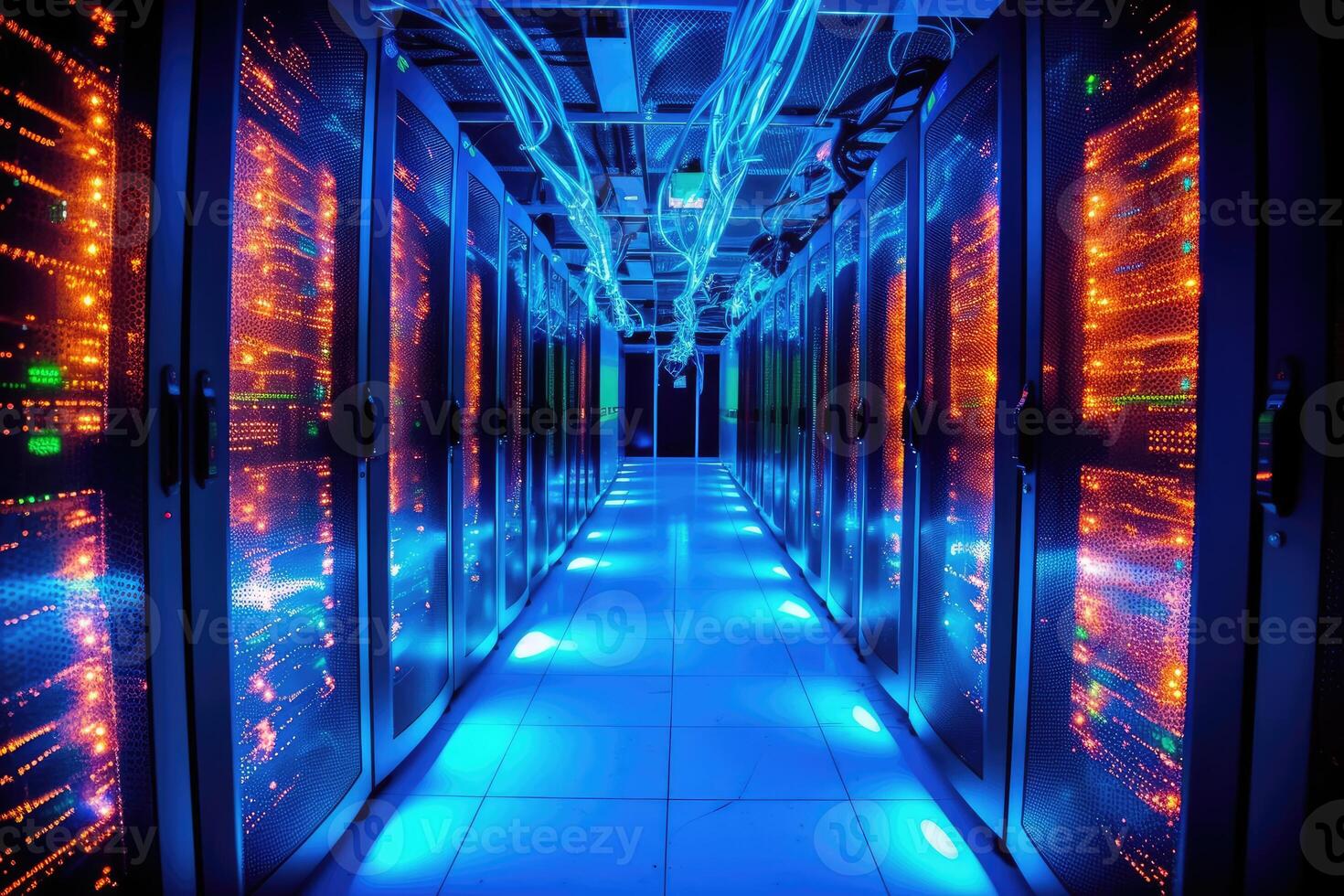 A close - up photo of a corridor in a busy data center. The image features a multitude of rack servers and supercomputers filling the frame.