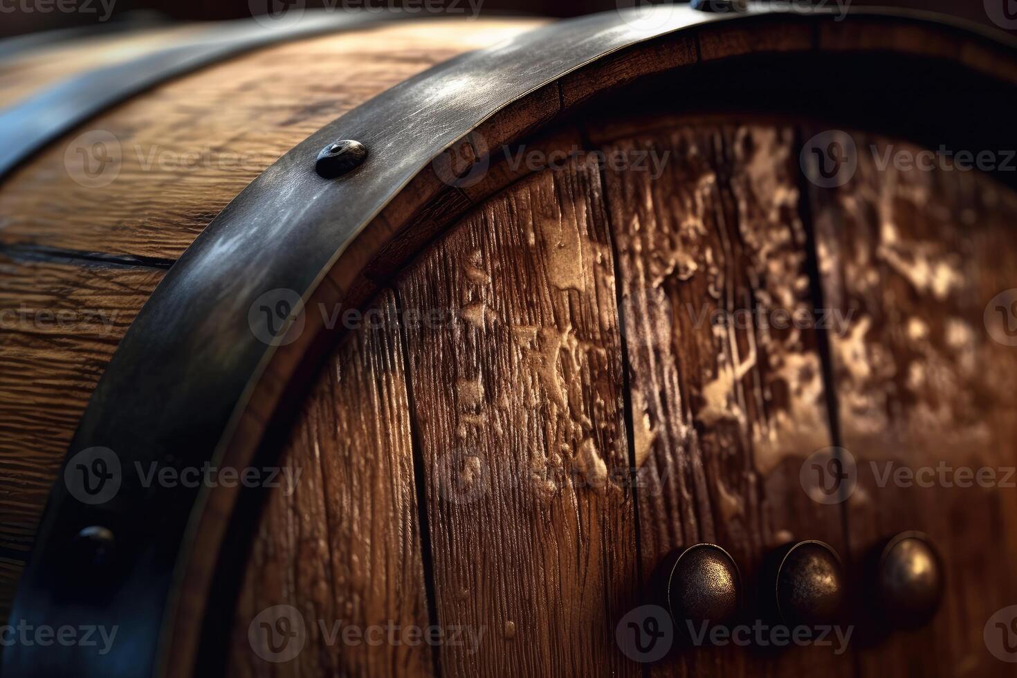 A close - up shot of an old wooden barrel in a wine vault cellar, showcasing the rich texture and aged patina of the wood. photo