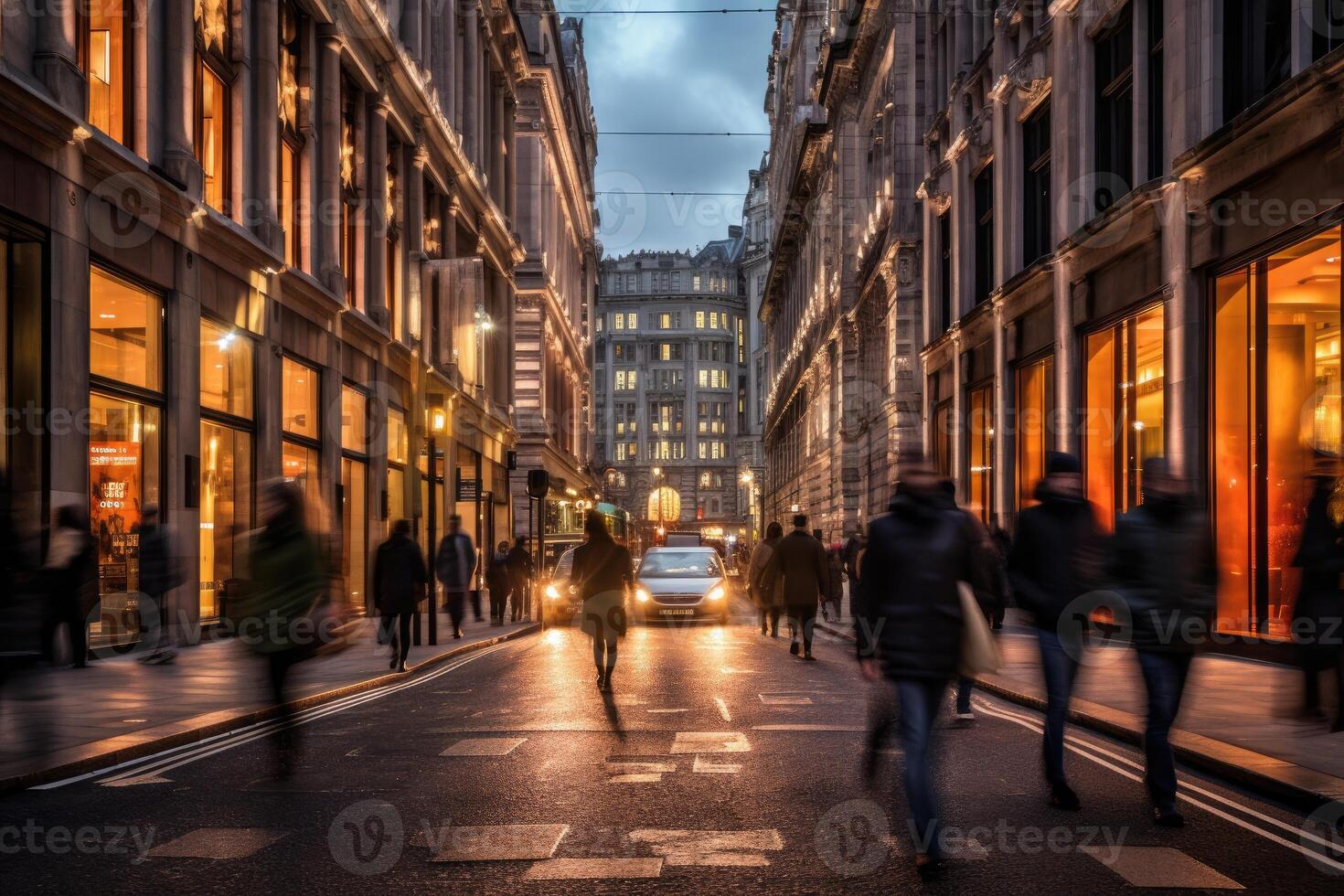 The energy and excitement of a bustling city street from a dynamic diagonal perspective. photo