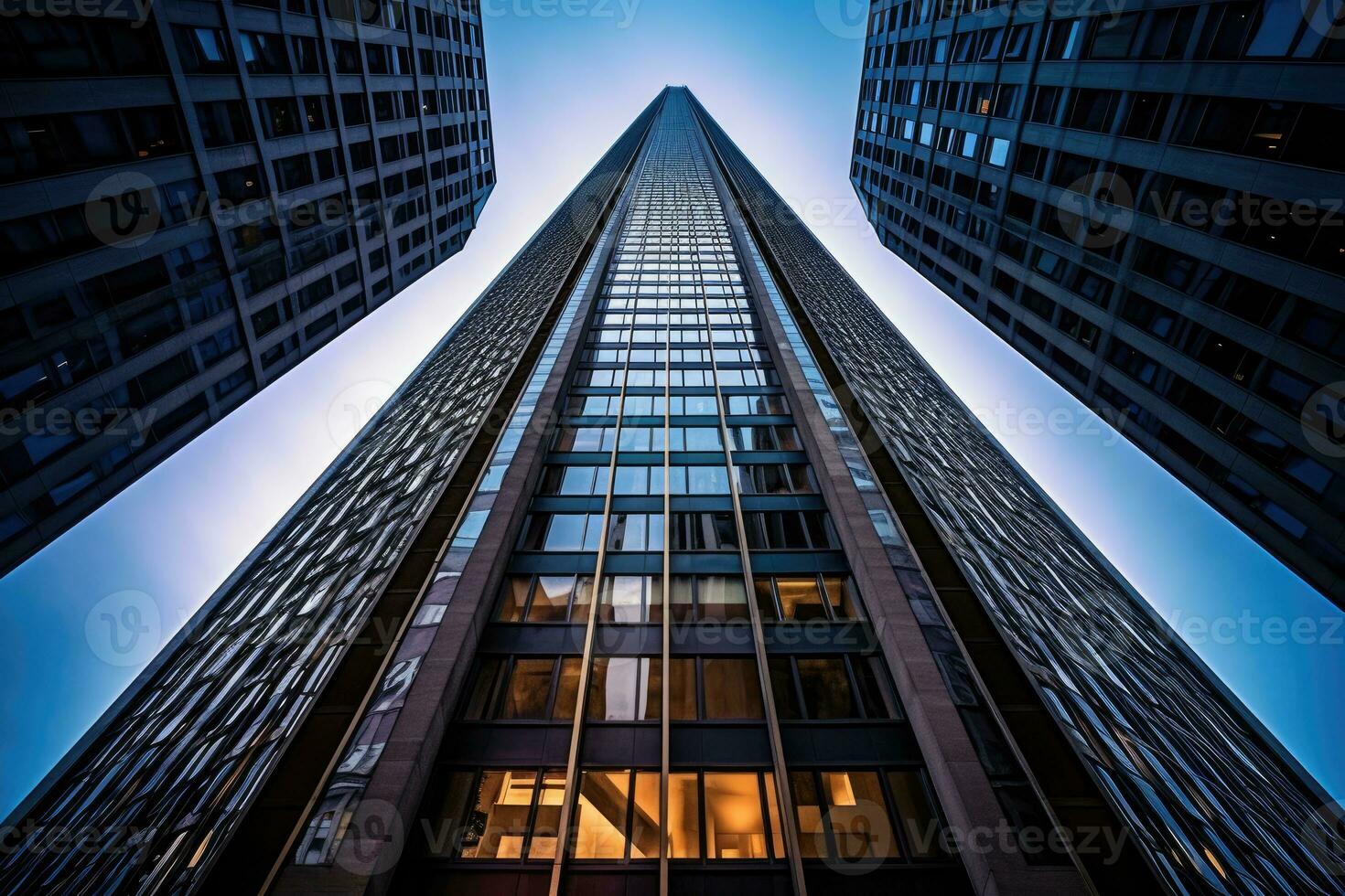 The magnificence of a towering skyscraper from a unique worm's - eye view perspective. Generative AI photo