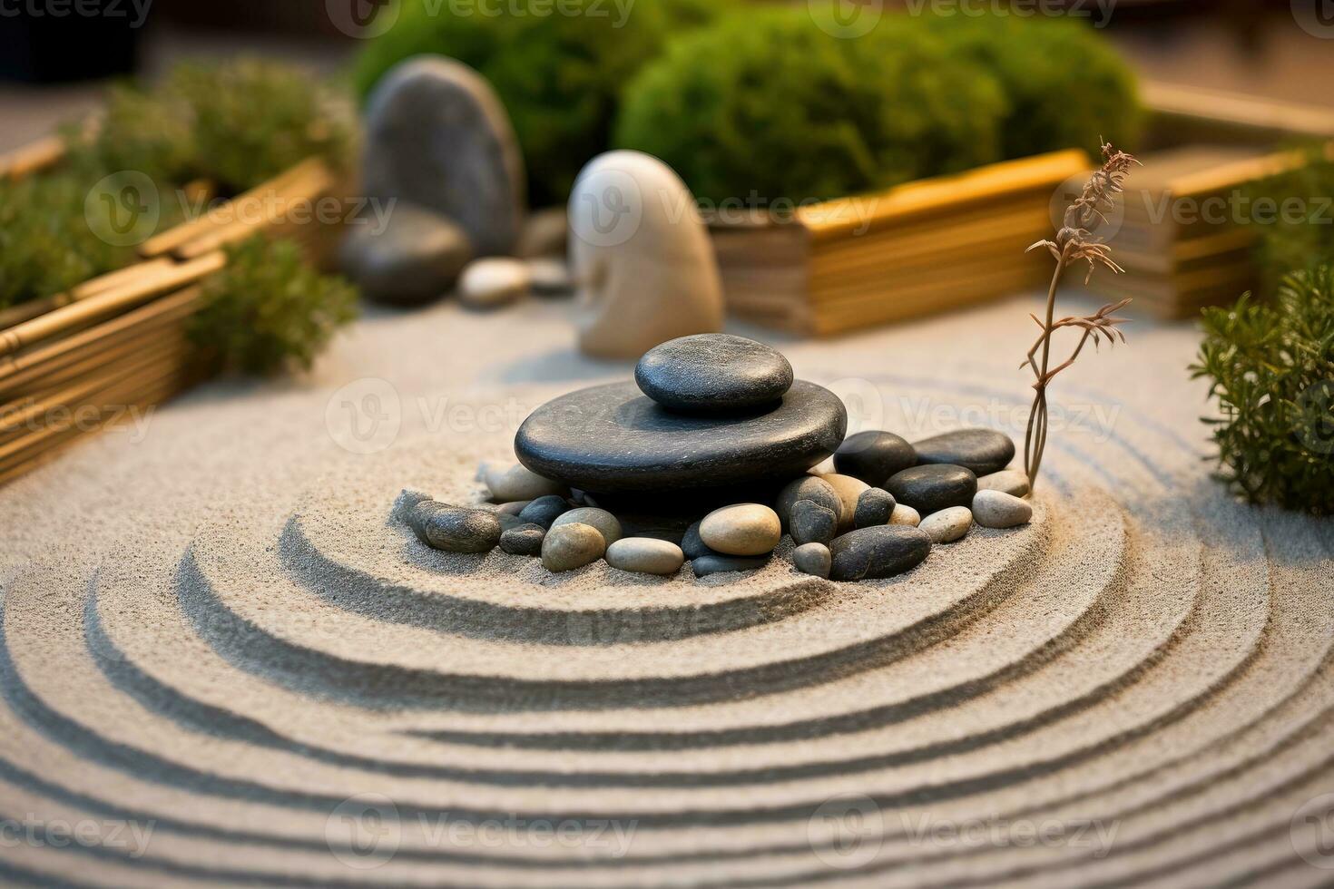The tranquility of a Zen garden in a close - up shot of carefully arranged stones. Generative AI photo
