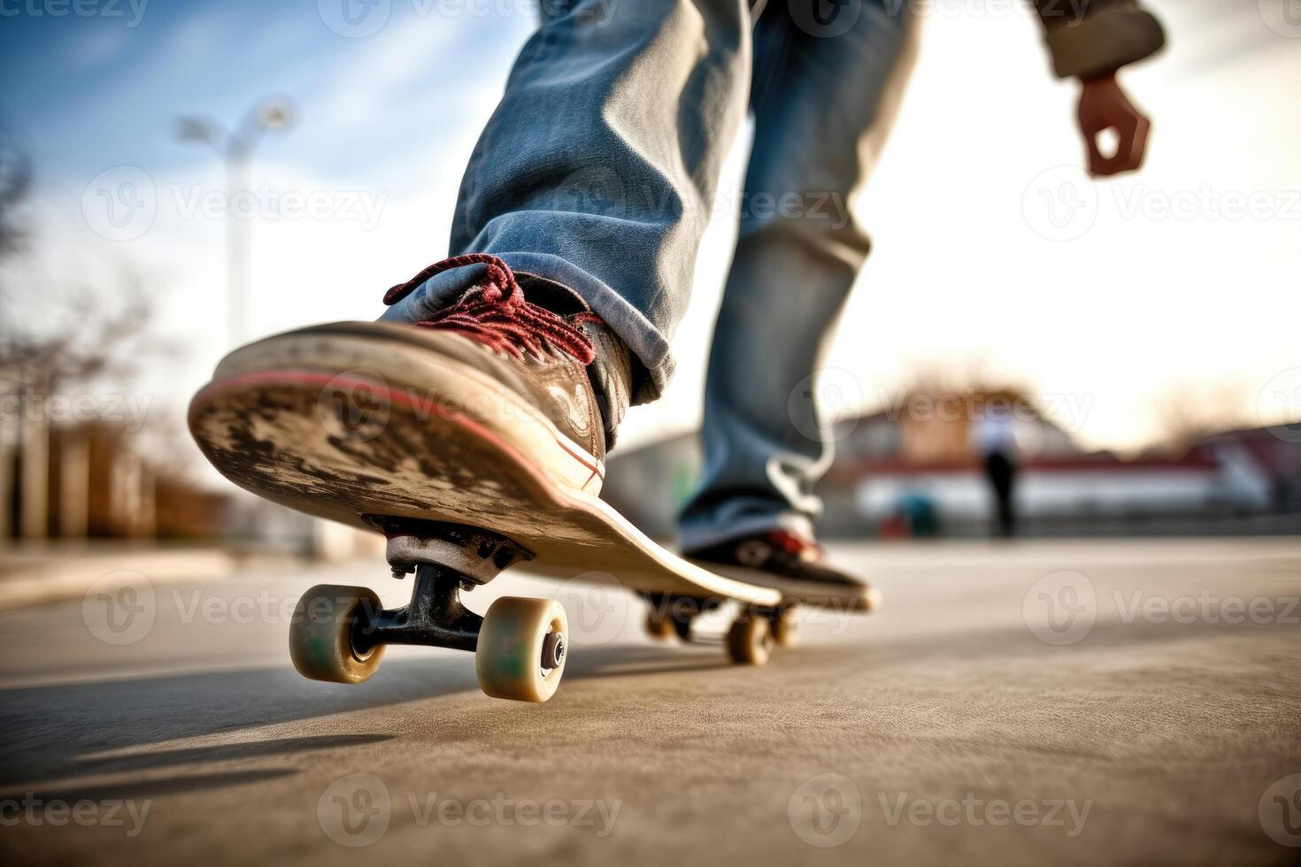 The energy and athleticism of a skateboarder in a close - up shot. photo