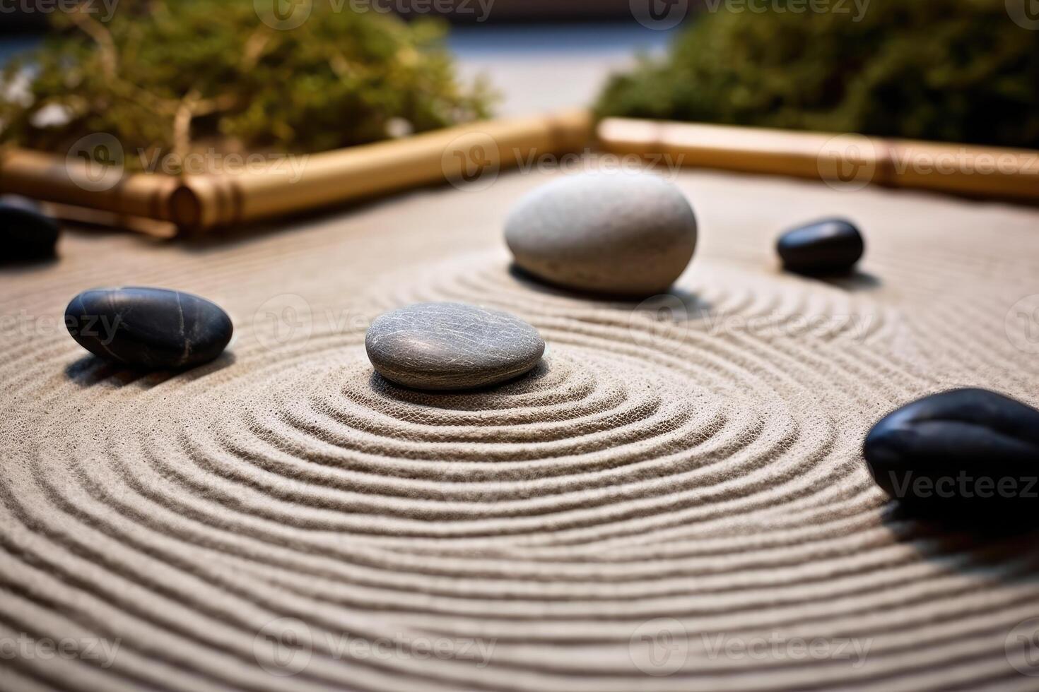 el tranquilidad de un zen jardín en un cerca - arriba Disparo de cuidadosamente arreglado piedras generativo ai foto