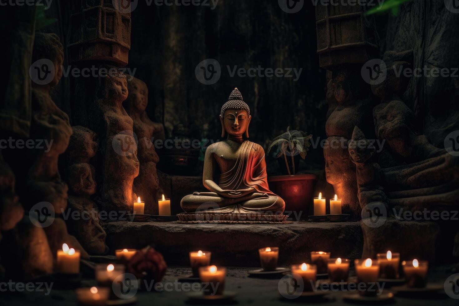 In this powerful image, a Buddha statue sits gracefully in a lotus pose, radiating a sense of calm and tranquility. photo