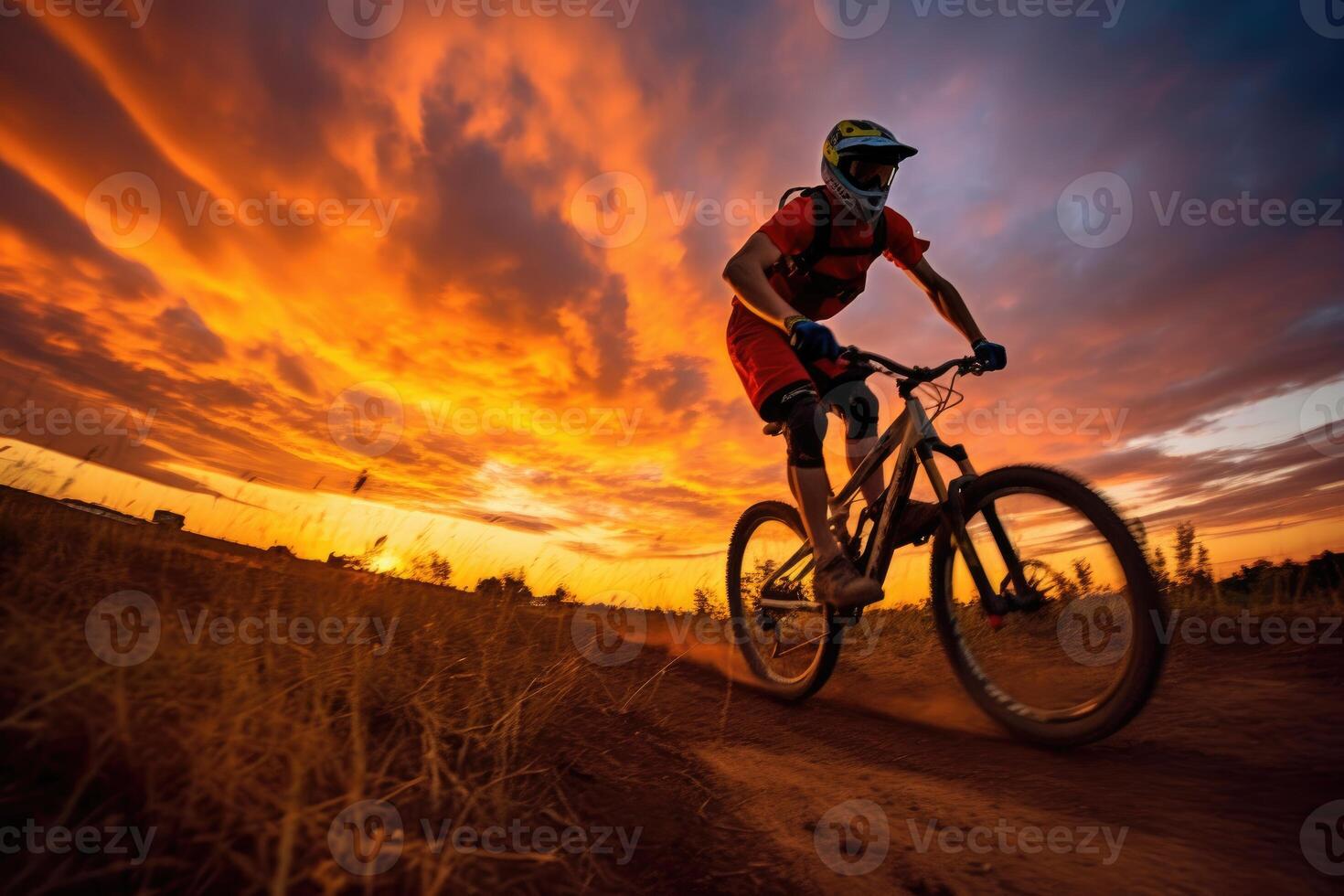 A close - up view of the silhouette of a man on a bike jumping in the golden sunset. Generative AI photo