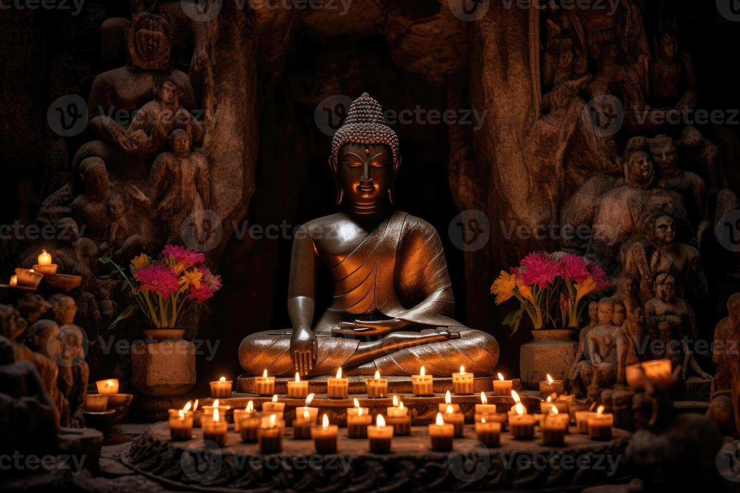 In this powerful image, a Buddha statue sits gracefully in a lotus pose, radiating a sense of calm and tranquility. photo