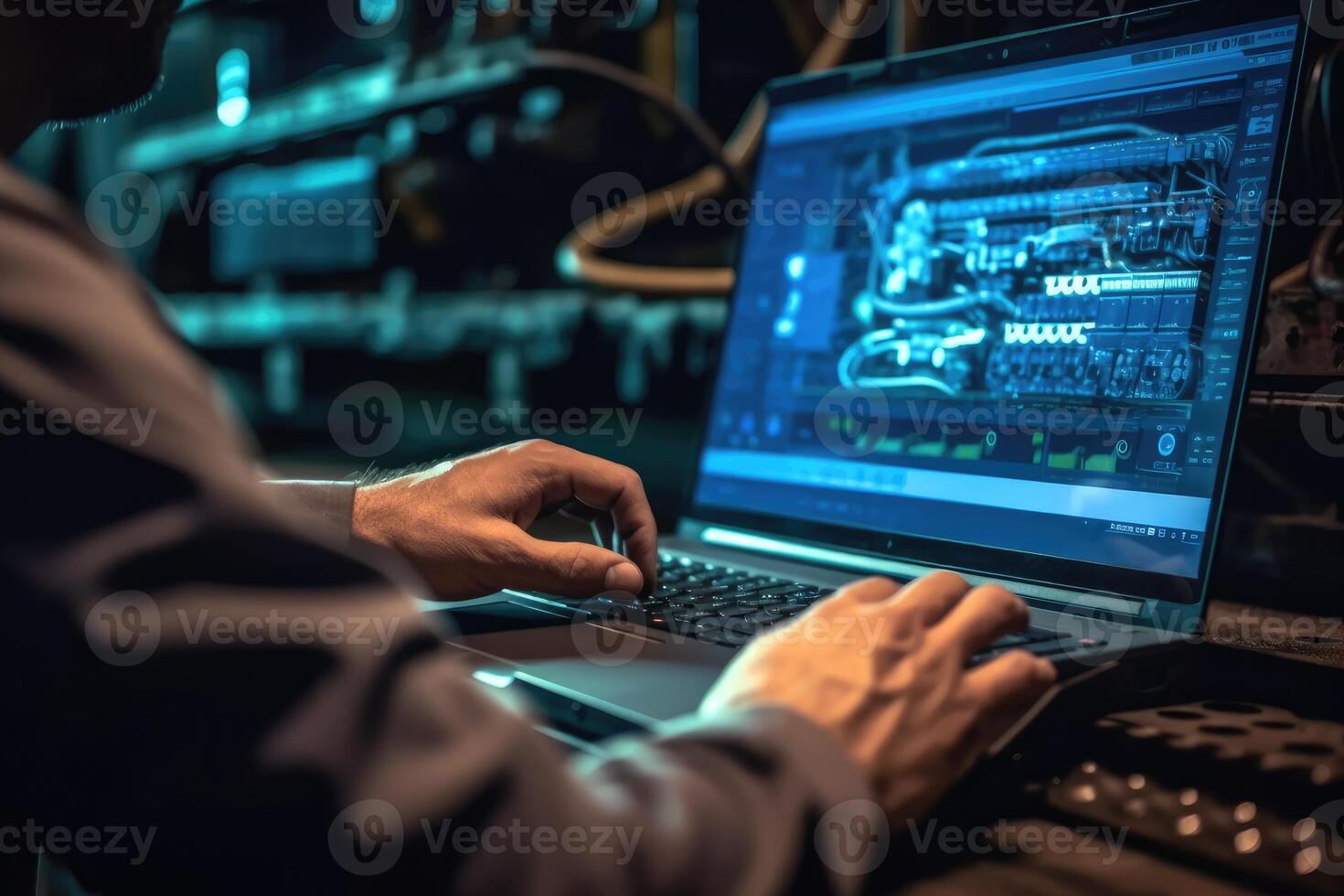 The skilled work of an automotive mechanical technician by capturing a close - up view of computer diagnostics in a garage. photo