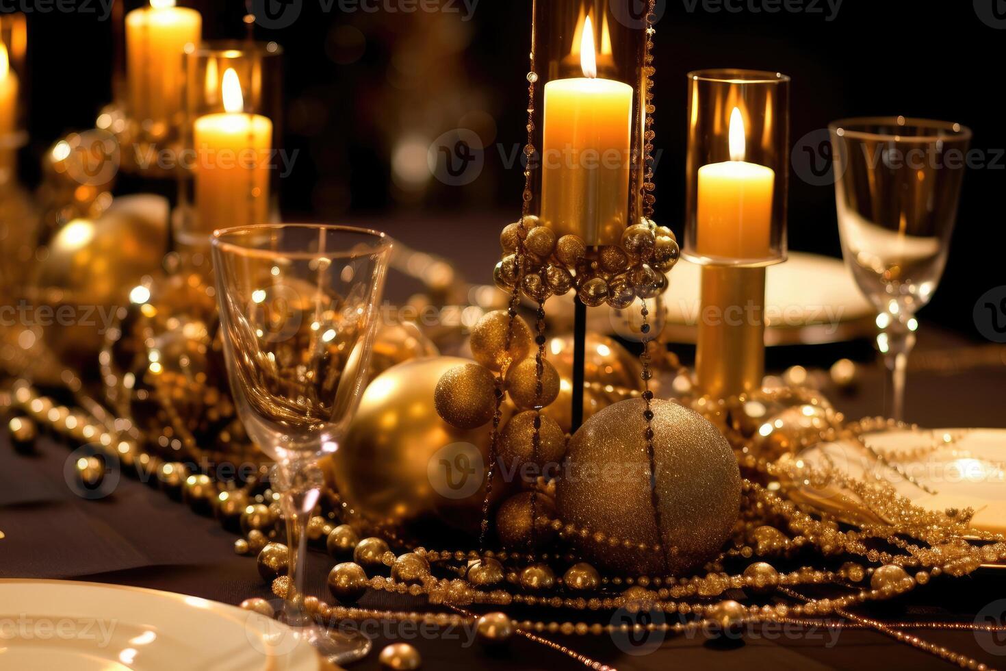 A close - up shot of a table adorned with New Year's decorations, including glittering candles, sparkling confetti, and elegant champagne glasses.  Generative AI photo